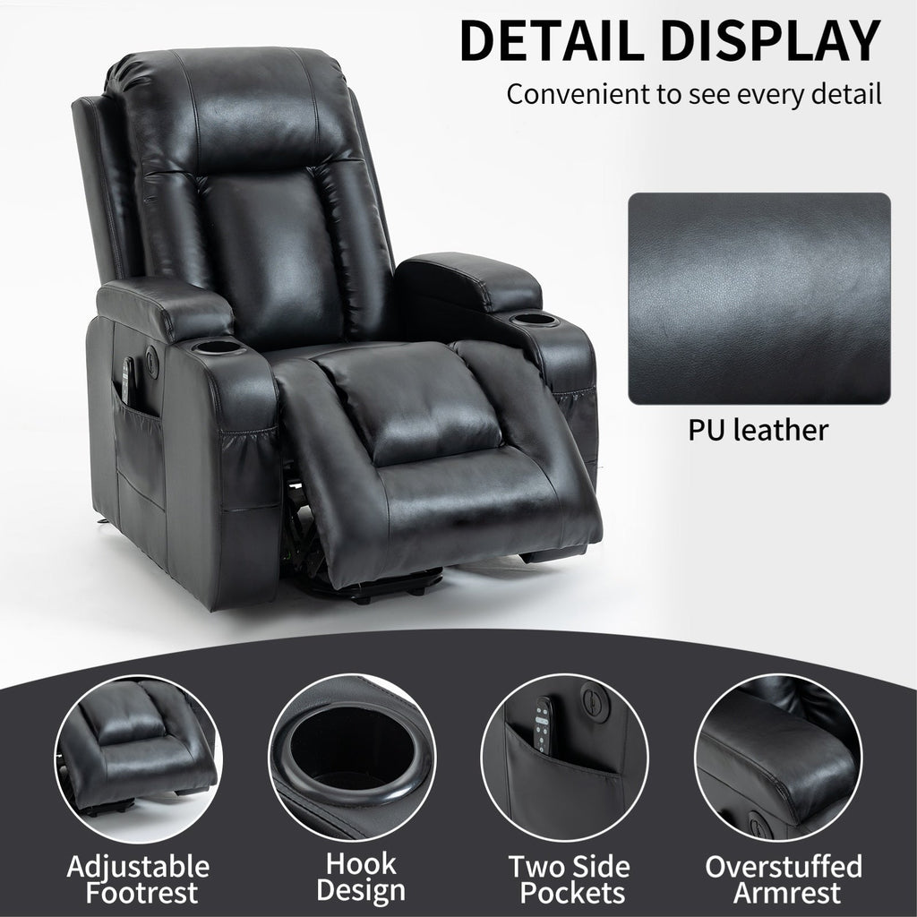 Fauteuil inclinable électrique pour personnes âgées, 8 réglages de massage, chauffage, USB, porte-gobelets
