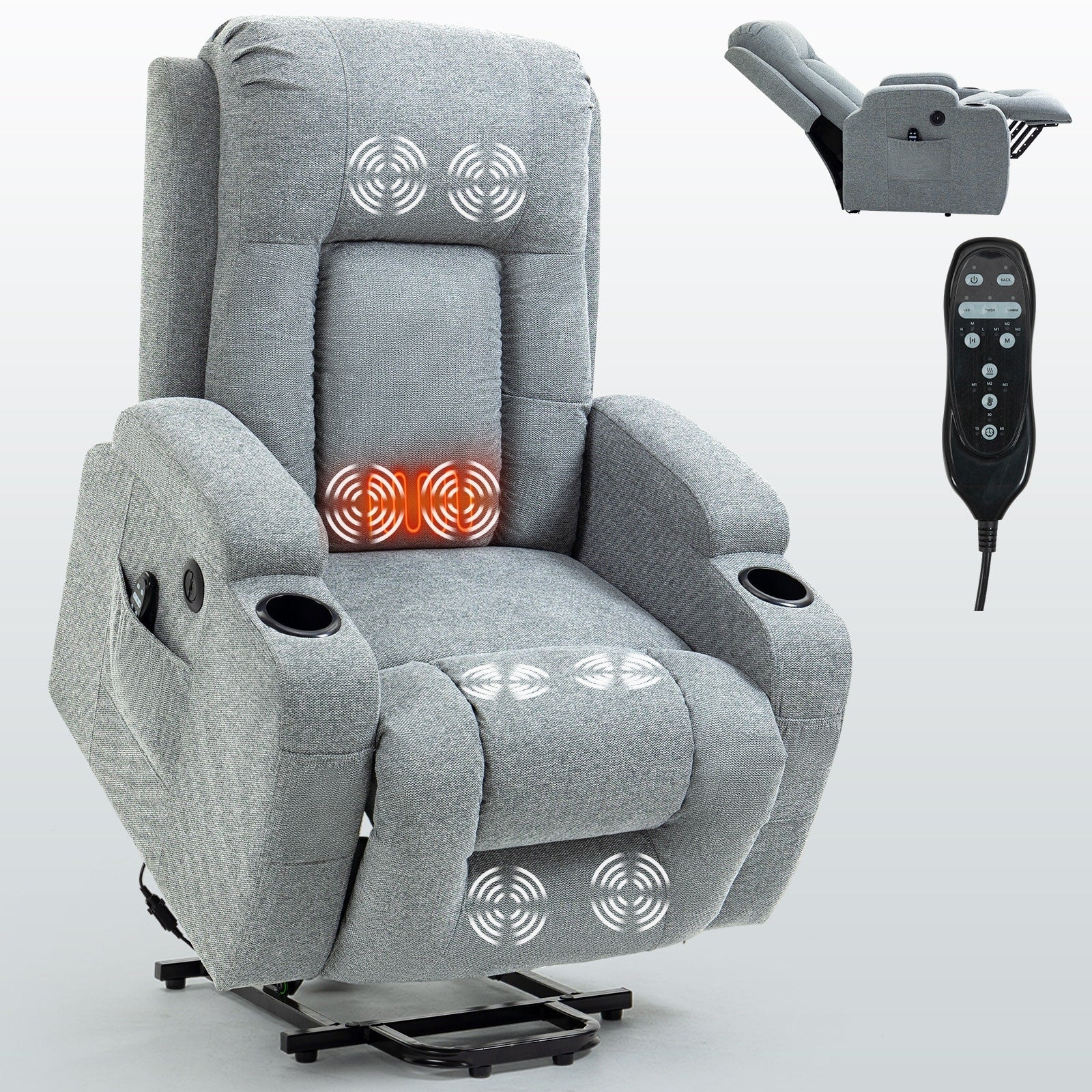 Fauteuil inclinable électrique pour personnes âgées, 8 réglages de massage, chauffage, USB, porte-gobelets