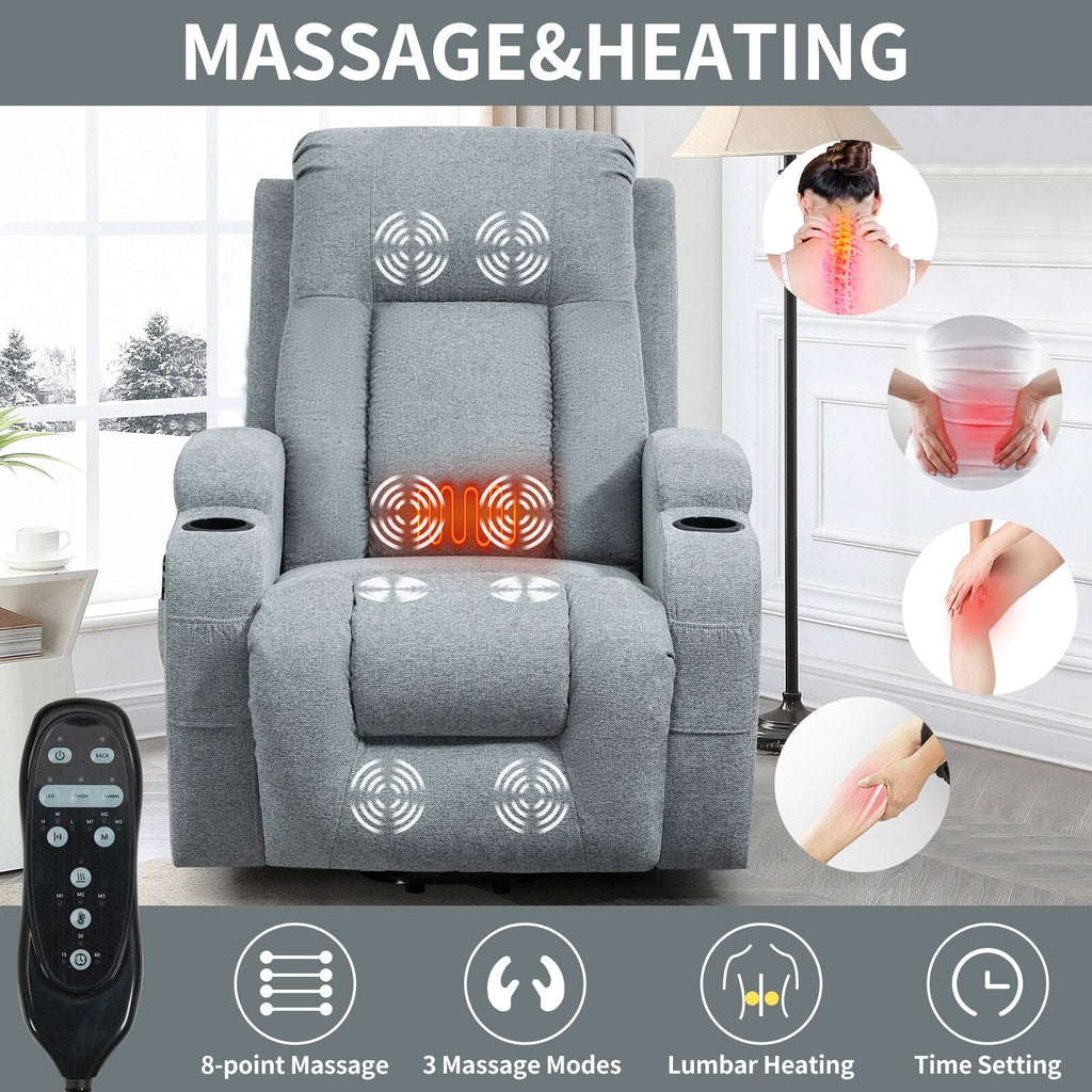 Fauteuil inclinable électrique pour personnes âgées, 8 réglages de massage, chauffage, USB, porte-gobelets