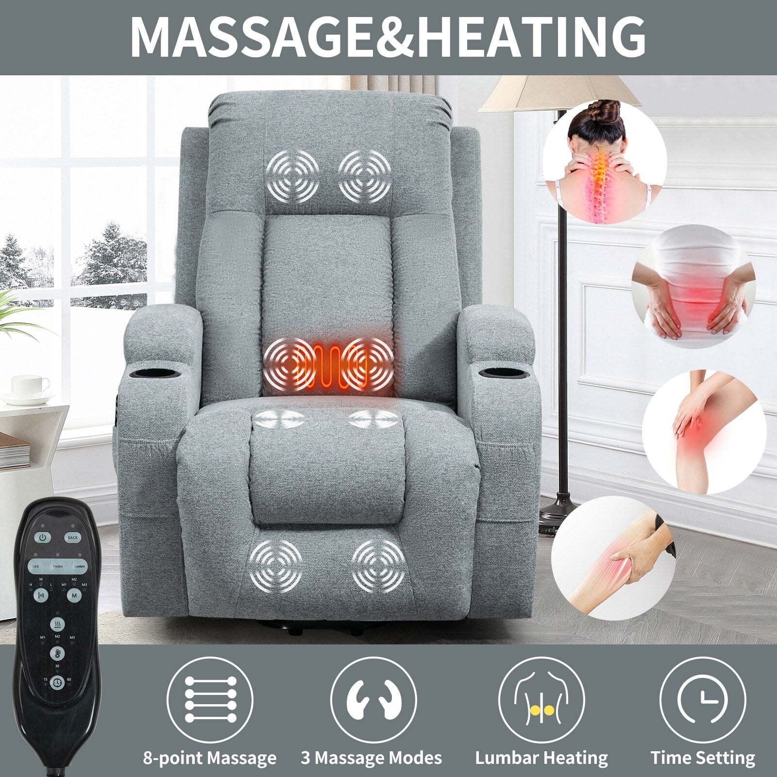 Fauteuil inclinable électrique pour personnes âgées, 8 réglages de massage, chauffage, USB, porte-gobelets