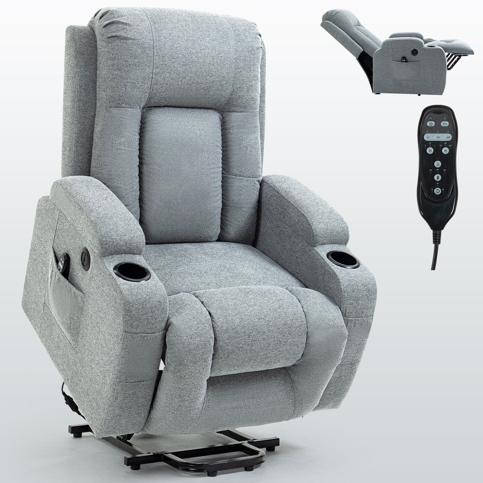 Fauteuil inclinable électrique pour personnes âgées, 8 réglages de massage, chauffage, USB, porte-gobelets