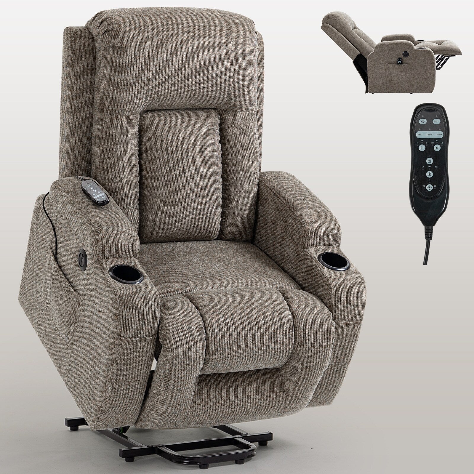 Fauteuil inclinable électrique pour personnes âgées, 8 réglages de massage, chauffage, USB, porte-gobelets