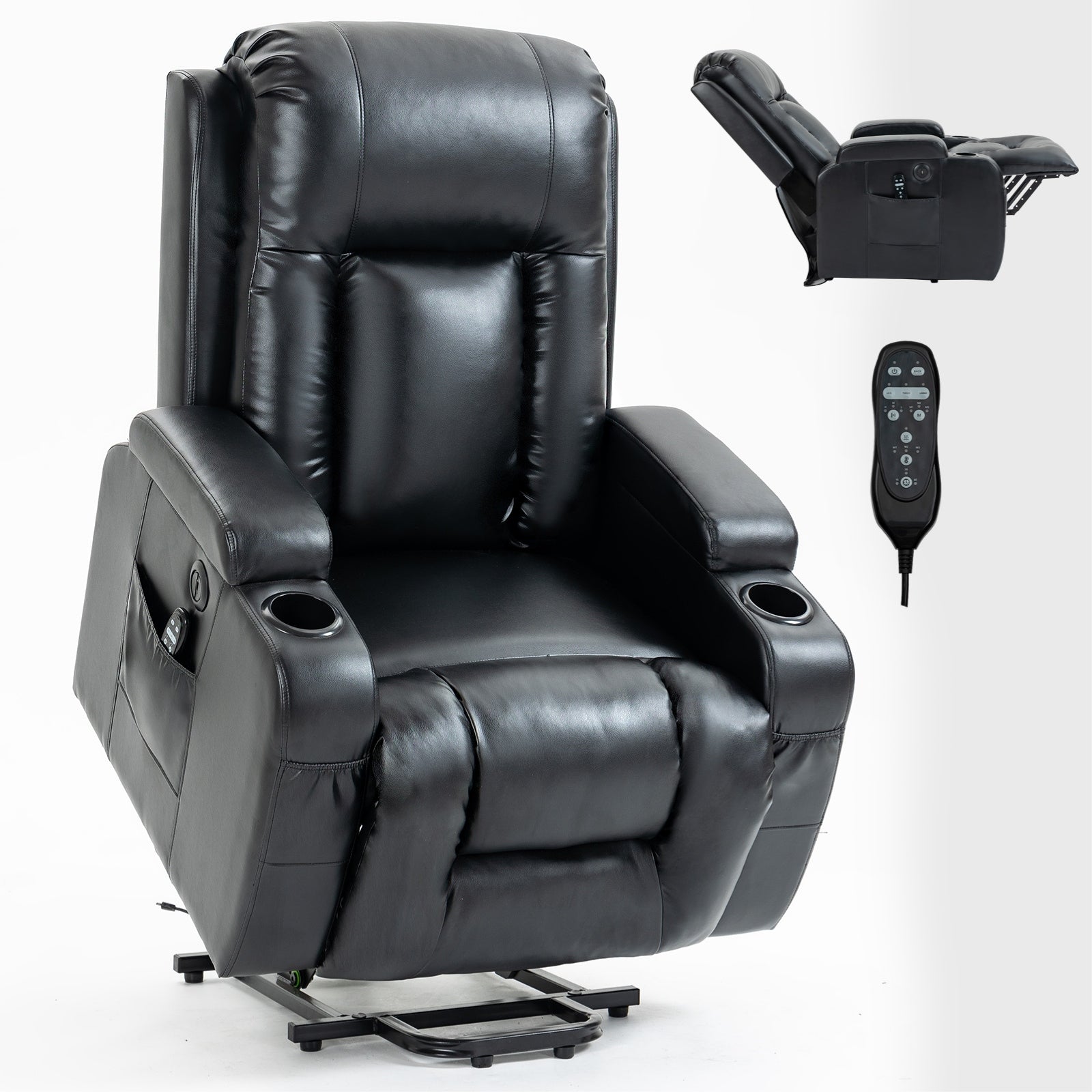 Fauteuil inclinable électrique pour personnes âgées, 8 réglages de massage, chauffage, USB, porte-gobelets