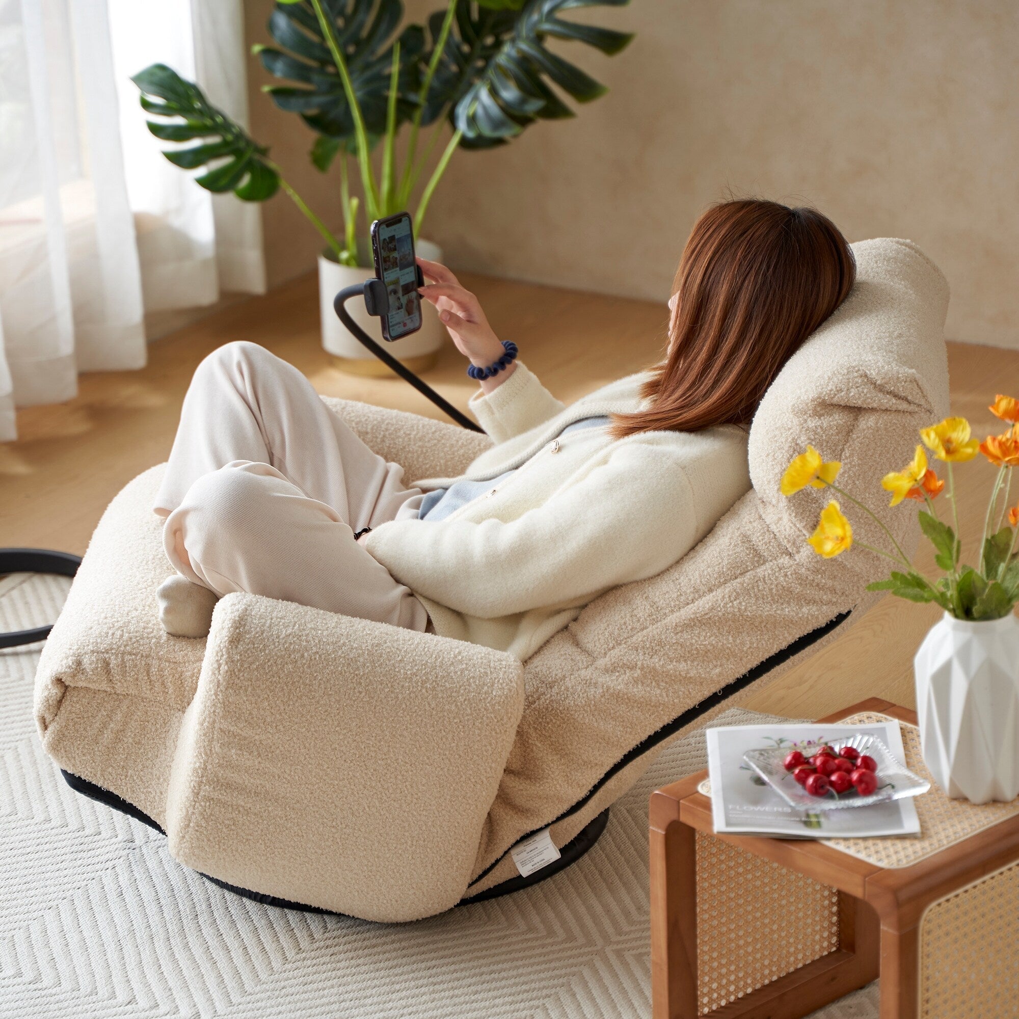 Fauteuil de salon réglable, pivotant à 360 degrés, pliable et inclinable, avec support pour téléphone