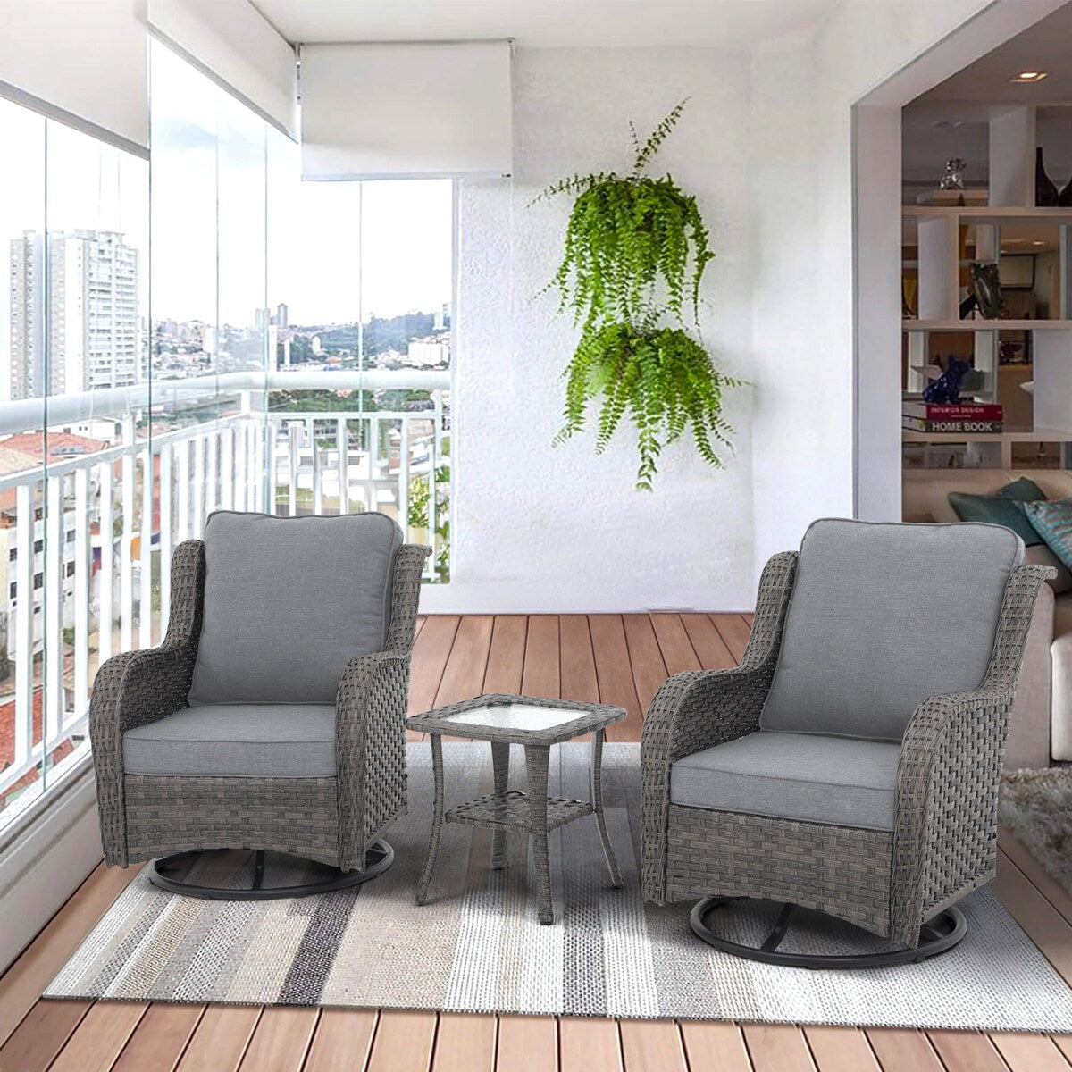 Chaises d'extérieur pivotantes à 360 degrés en osier avec table carrée