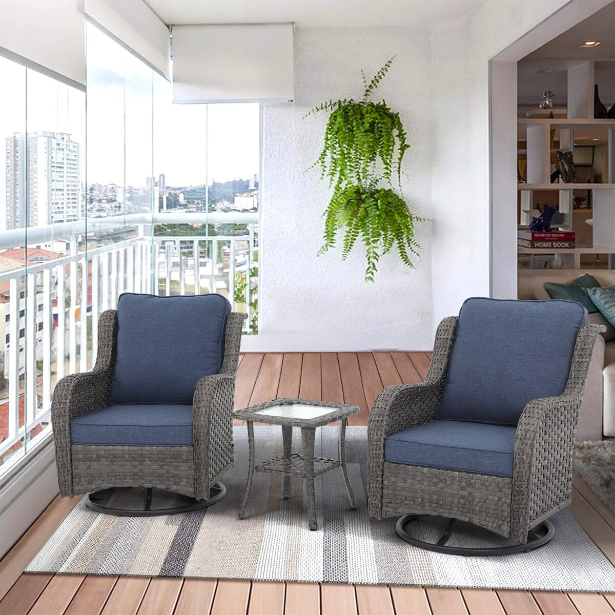Chaises d'extérieur pivotantes à 360 degrés en osier avec table carrée