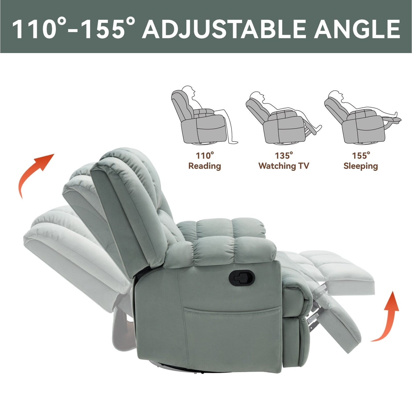 Fauteuil inclinable manuel pivotant à 360°, fauteuil à bascule réglable, canapé simple surdimensionné pour salon