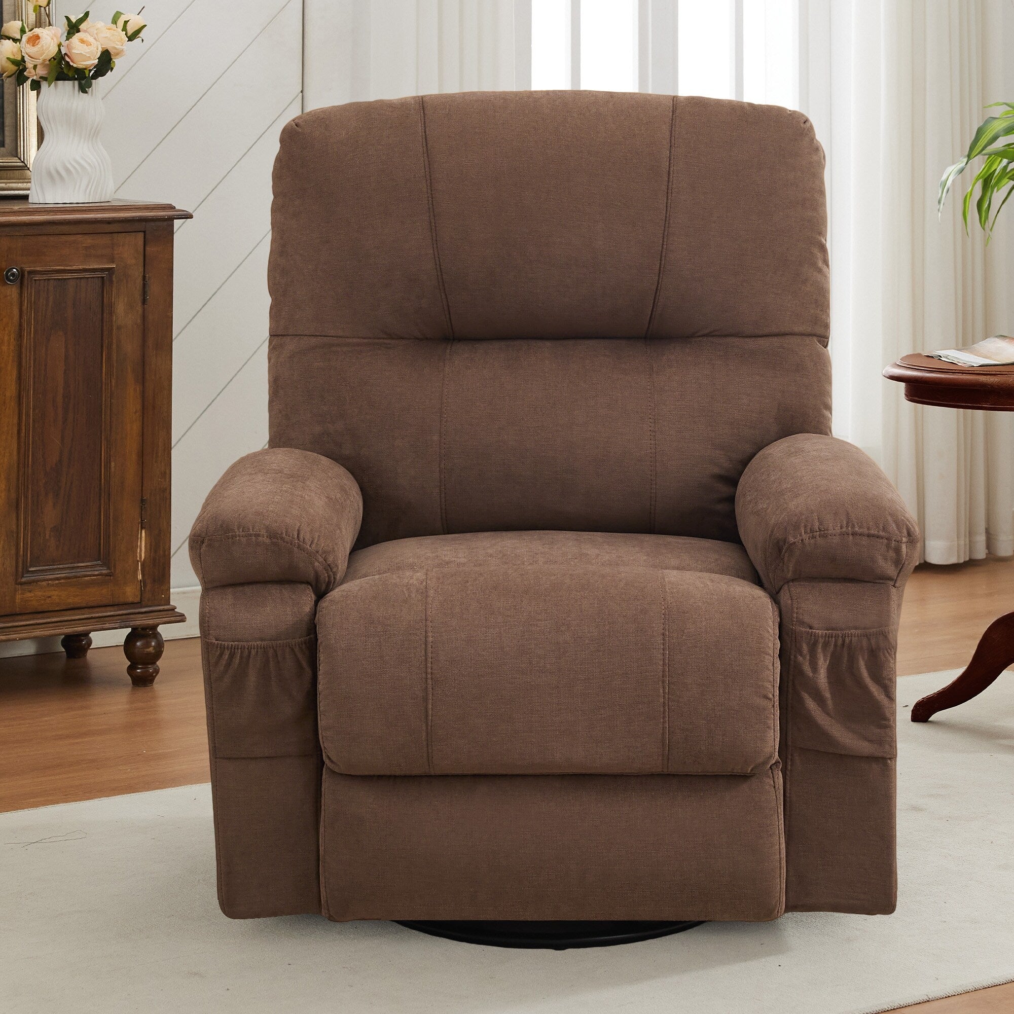 Fauteuil inclinable manuel pivotant à 360° en tissu avec repose-pieds coulissant et poches latérales