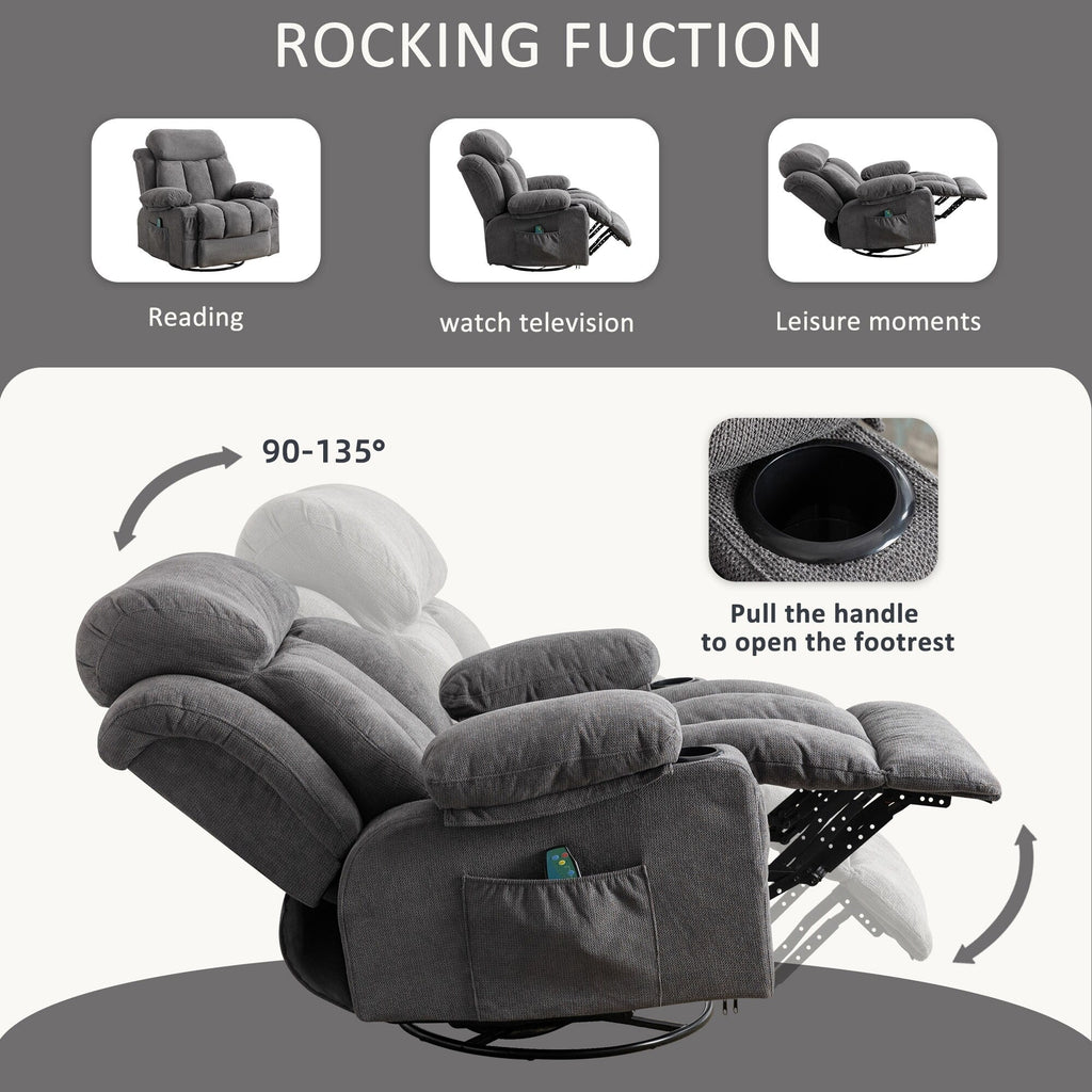 Fauteuil inclinable manuel en tissu, pivotant à 360°, avec massage et chauffage, avec chargement USB et deux porte-gobelets