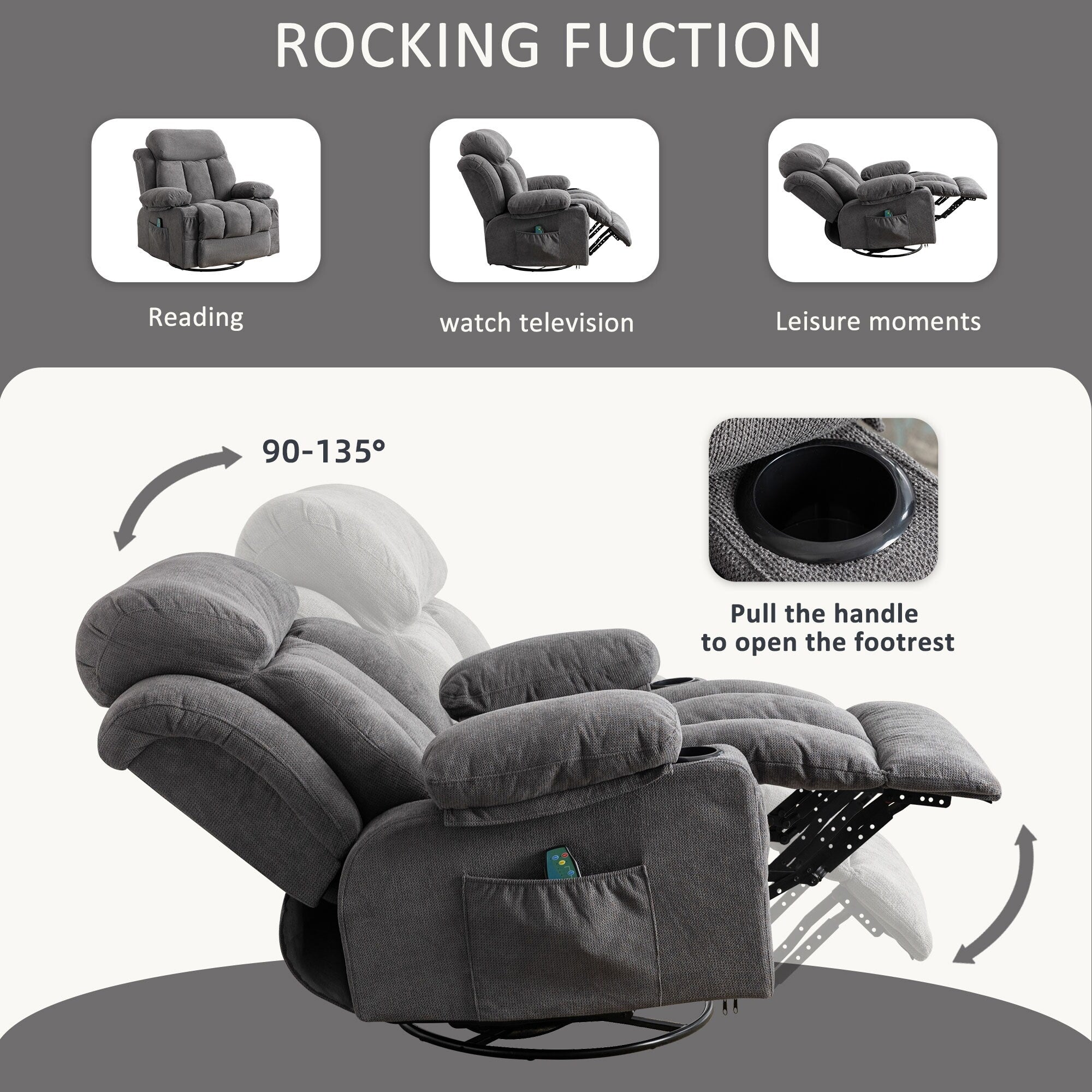 Fauteuil inclinable manuel en tissu, pivotant à 360°, avec massage et chauffage, avec chargement USB et deux porte-gobelets