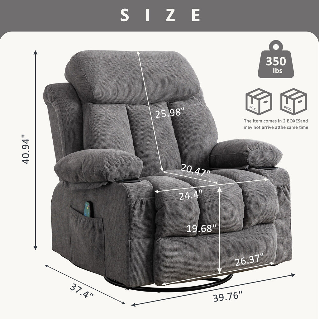 Fauteuil inclinable manuel en tissu, pivotant à 360°, avec massage et chauffage, avec chargement USB et deux porte-gobelets