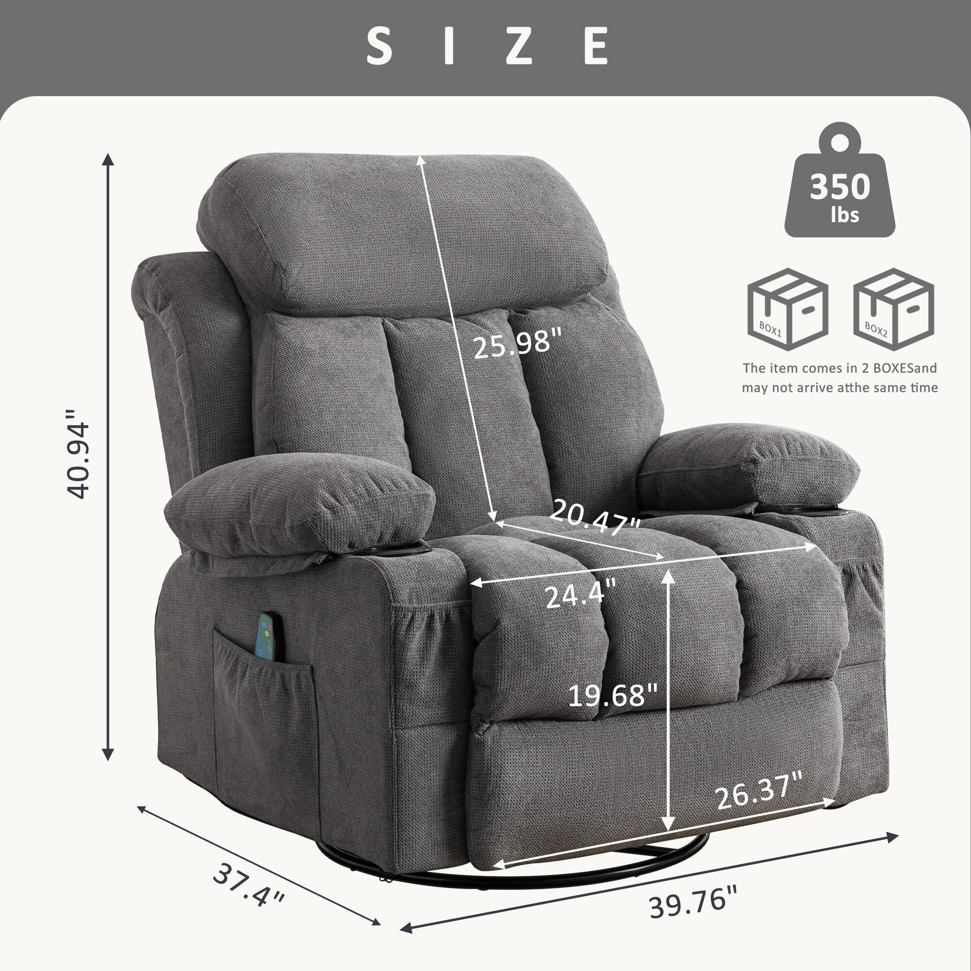 Fauteuil inclinable manuel en tissu, pivotant à 360°, avec massage et chauffage, avec chargement USB et deux porte-gobelets