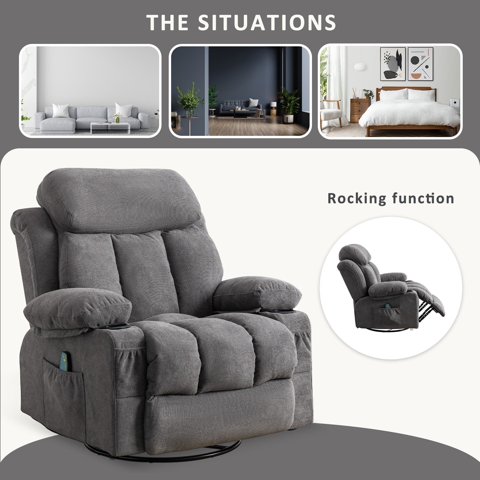 Fauteuil inclinable manuel en tissu, pivotant à 360°, avec massage et chauffage, avec chargement USB et deux porte-gobelets