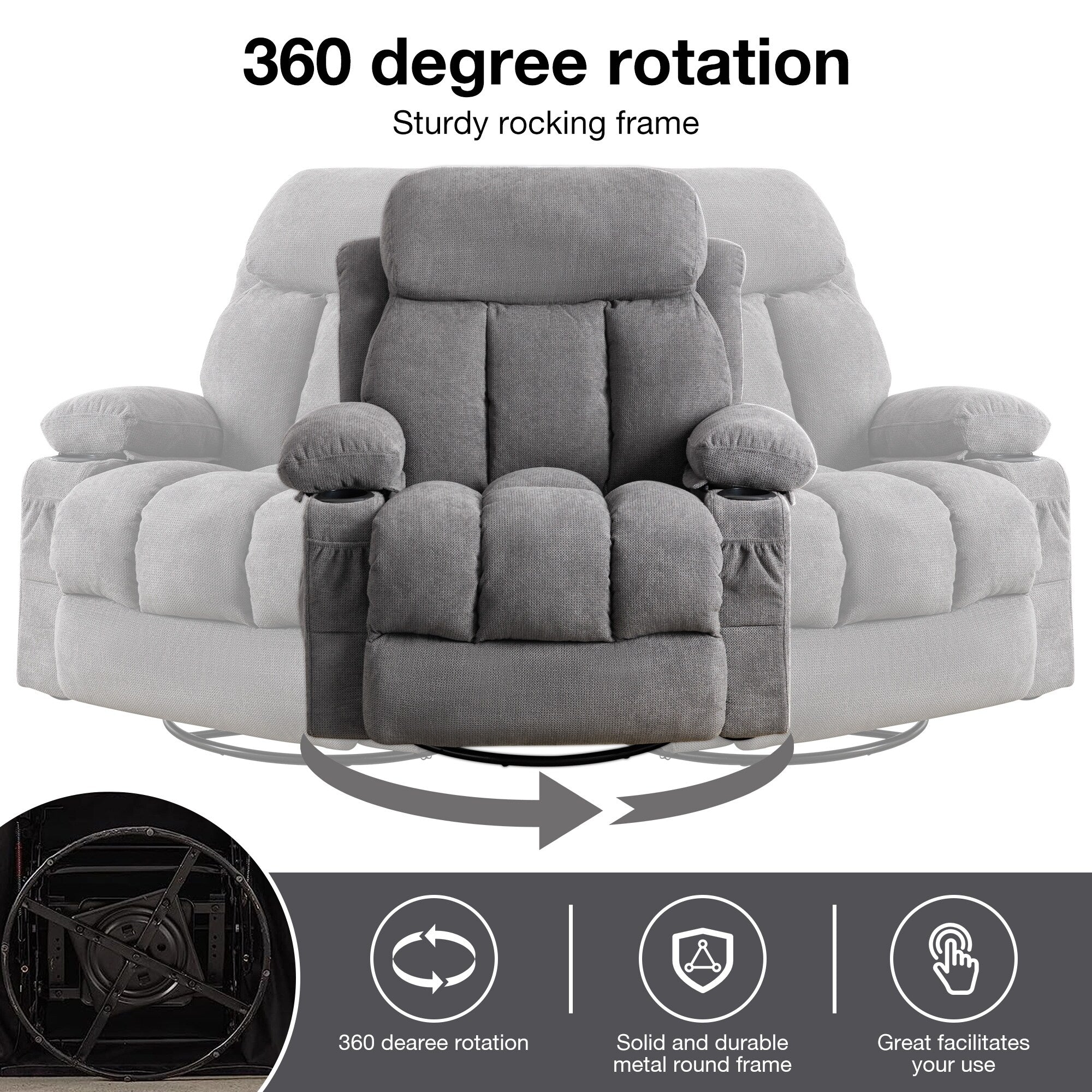 Fauteuil inclinable manuel en tissu, pivotant à 360°, avec massage et chauffage, avec chargement USB et deux porte-gobelets