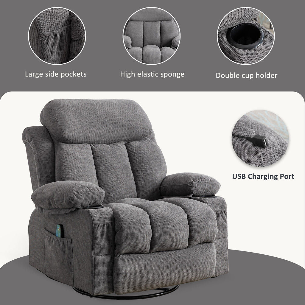 Fauteuil inclinable manuel en tissu, pivotant à 360°, avec massage et chauffage, avec chargement USB et deux porte-gobelets