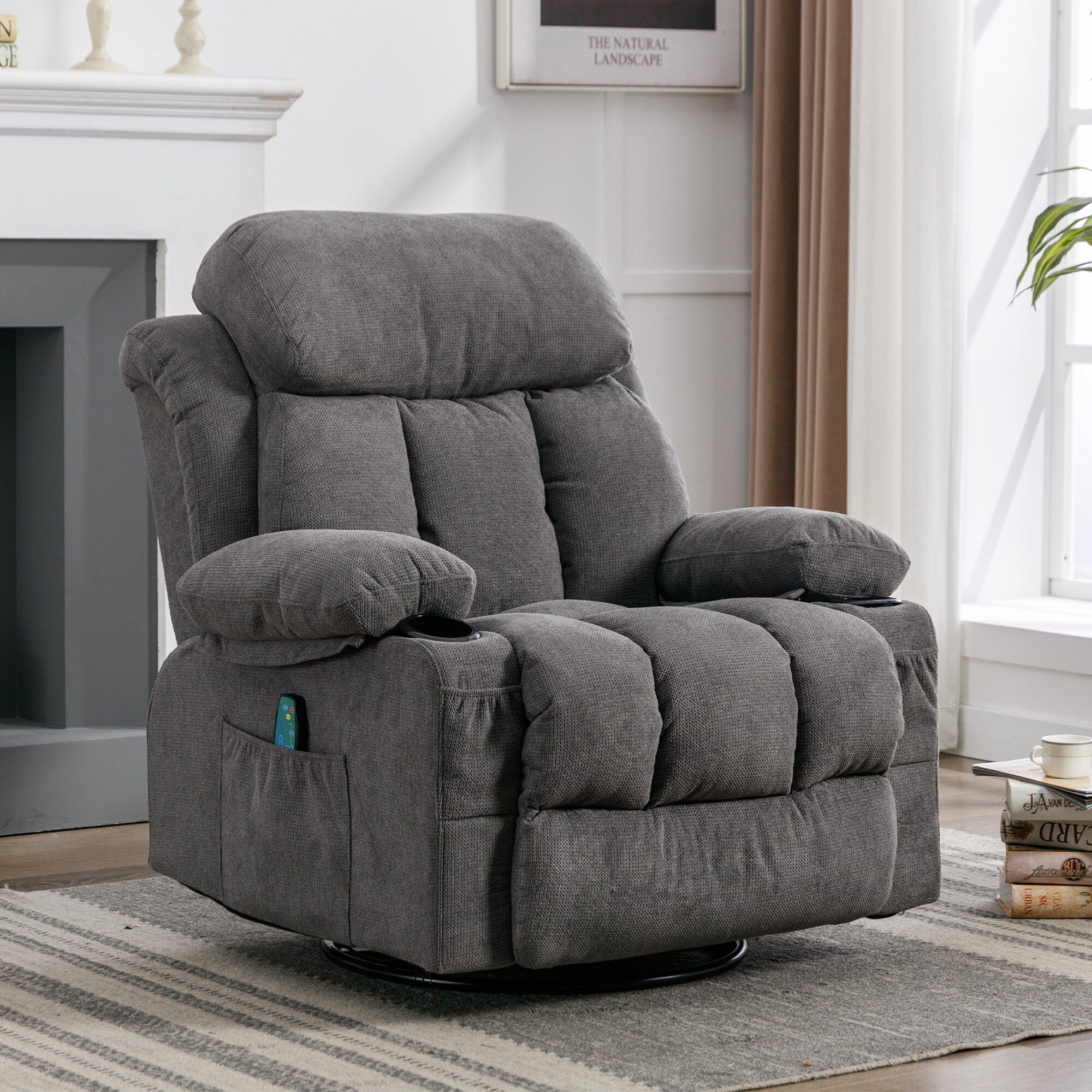 Fauteuil inclinable manuel en tissu, pivotant à 360°, avec massage et chauffage, avec chargement USB et deux porte-gobelets