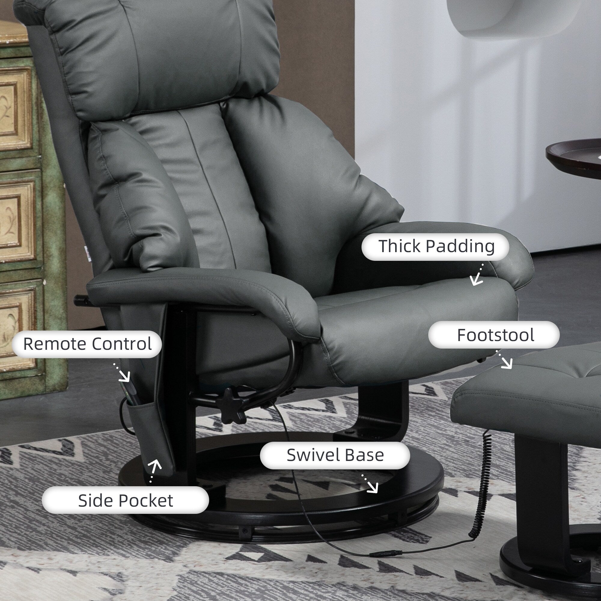 Fauteuil inclinable de massage manuel pivotant à 360° en cuir PU avec repose-pieds, dossier réglable et vibration à 10 points