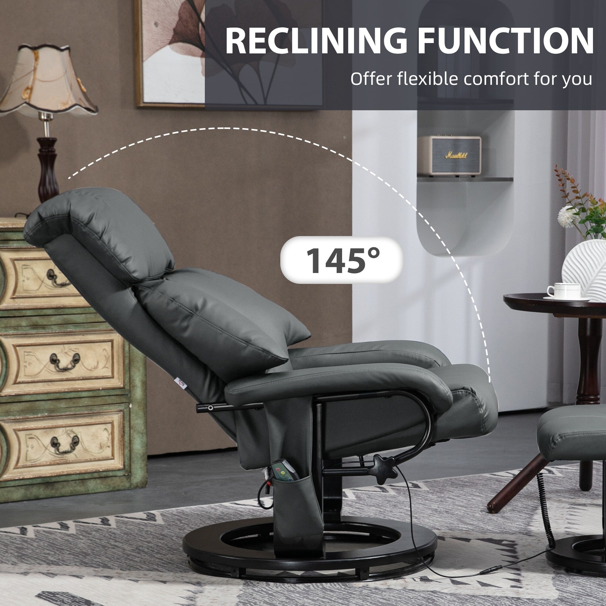 Fauteuil inclinable de massage manuel pivotant à 360° en cuir PU avec repose-pieds, dossier réglable et vibration à 10 points