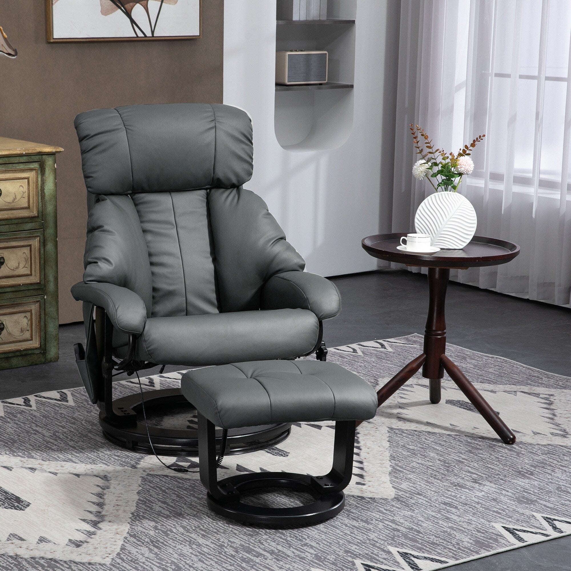 Fauteuil inclinable de massage manuel pivotant à 360° en cuir PU avec repose-pieds, dossier réglable et vibration à 10 points