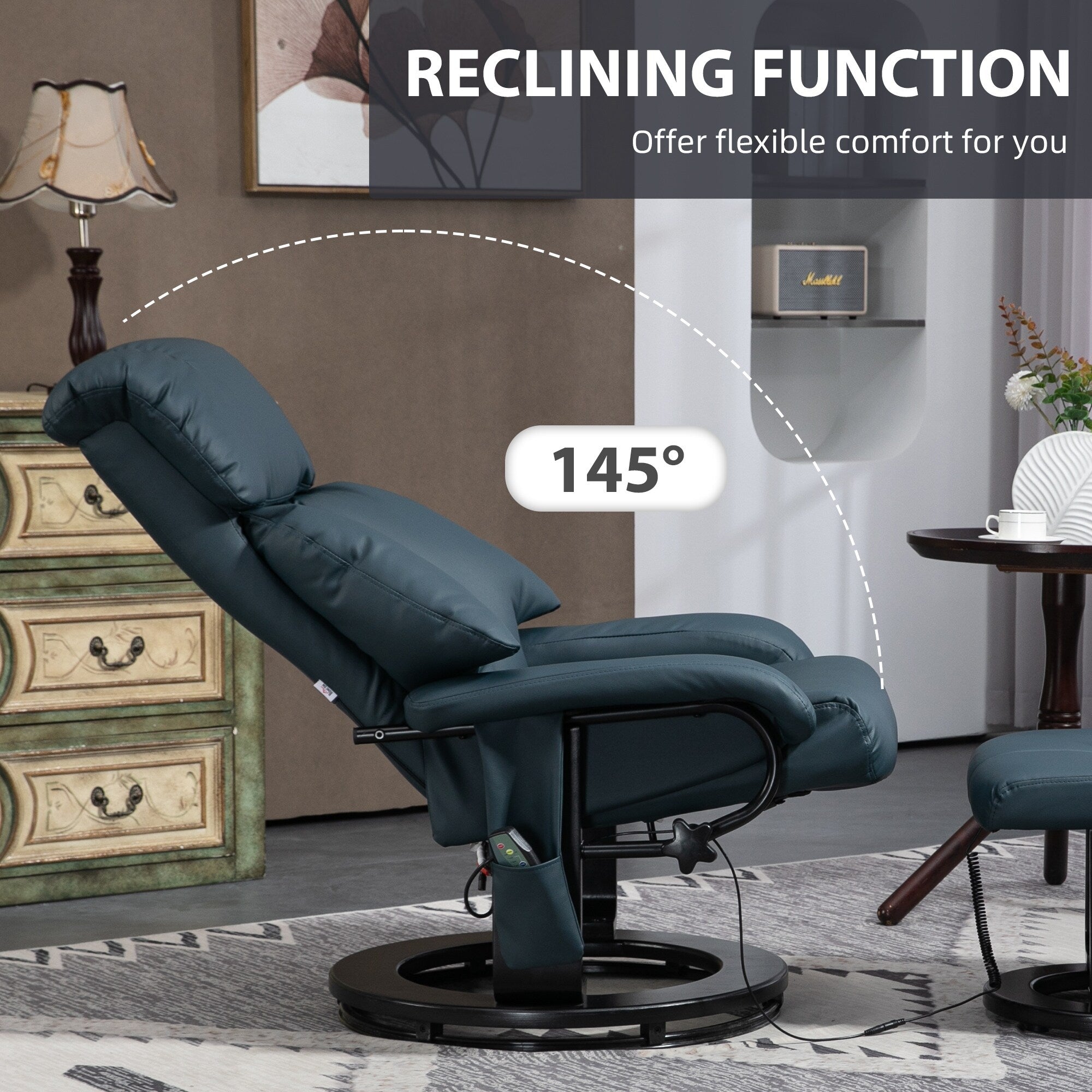 Fauteuil inclinable de massage manuel pivotant à 360° en cuir PU avec repose-pieds, dossier réglable et vibration à 10 points