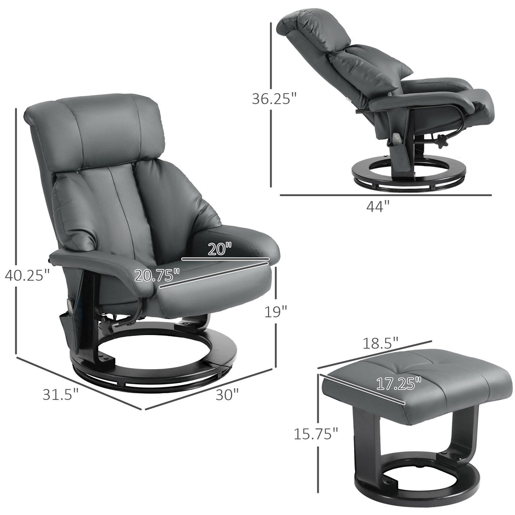 Fauteuil inclinable de massage manuel pivotant à 360° en cuir PU avec repose-pieds, dossier réglable et vibration à 10 points