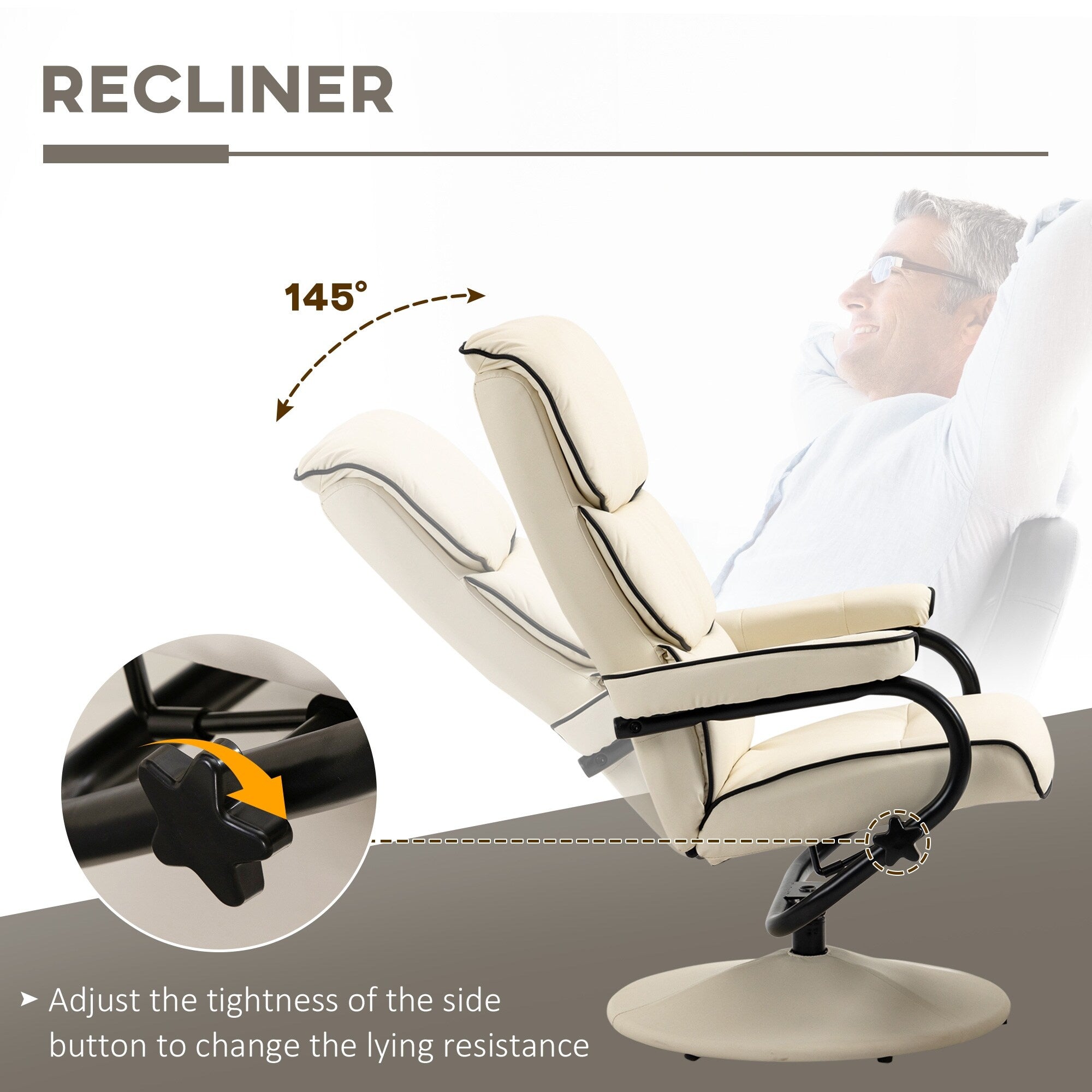 Fauteuil inclinable pivotant à 360° en cuir synthétique, dossier haut, avec pouf et rembourrage en mousse épaisse
