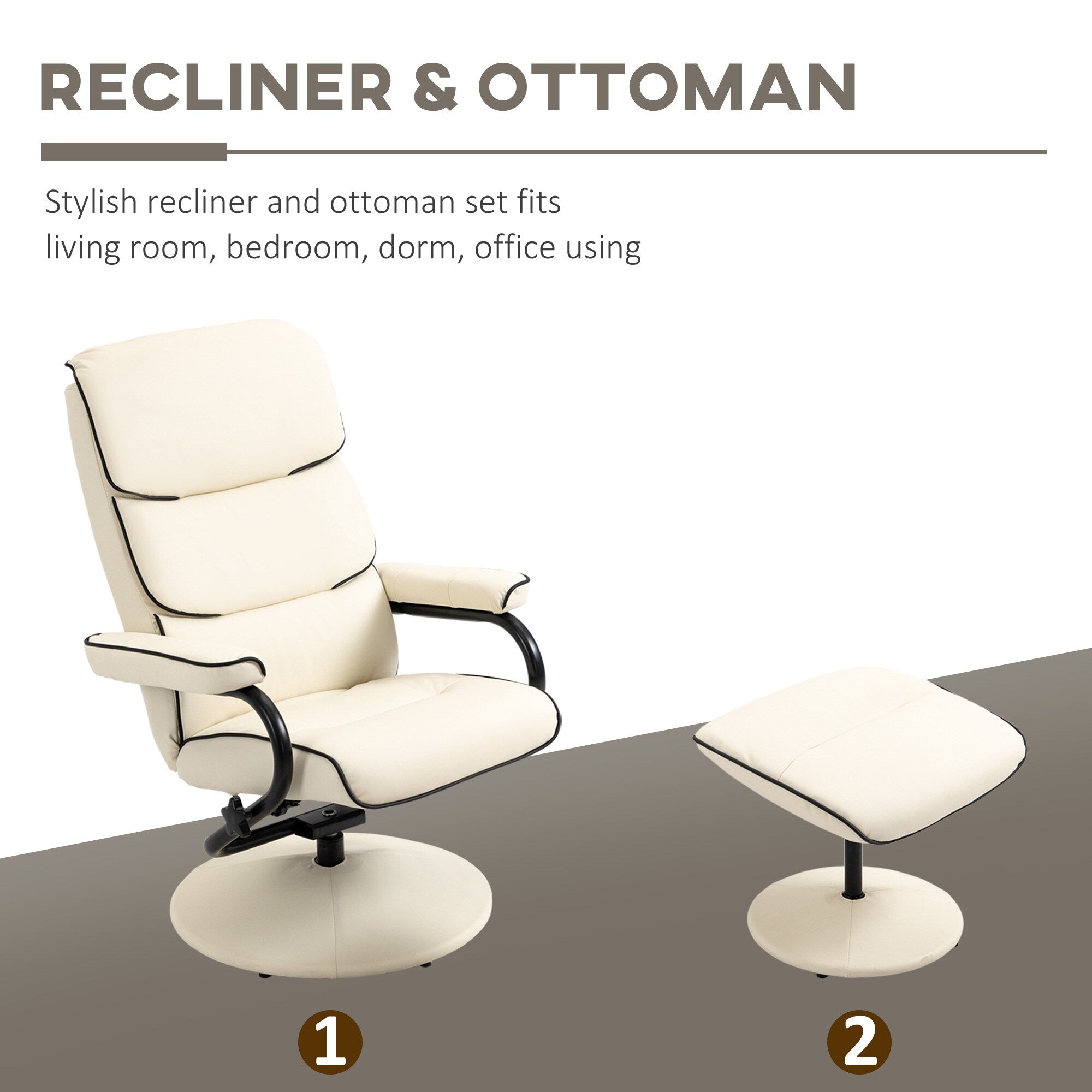 Fauteuil inclinable pivotant à 360° en cuir synthétique, dossier haut, avec pouf et rembourrage en mousse épaisse