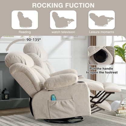 Fauteuil inclinable, massant et chauffant, pivotant à 360°, avec chargement USB, poches latérales et 2 porte-gobelets