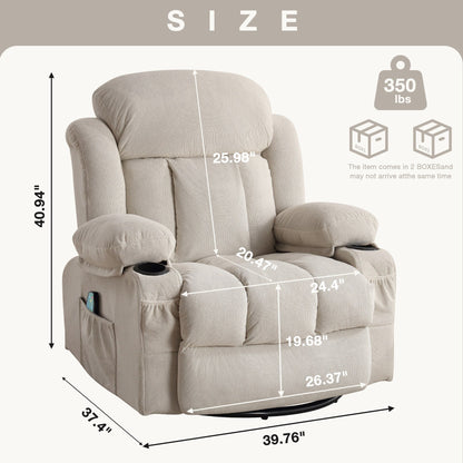 Fauteuil inclinable, massant et chauffant, pivotant à 360°, avec chargement USB, poches latérales et 2 porte-gobelets