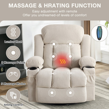 Fauteuil inclinable, massant et chauffant, pivotant à 360°, avec chargement USB, poches latérales et 2 porte-gobelets