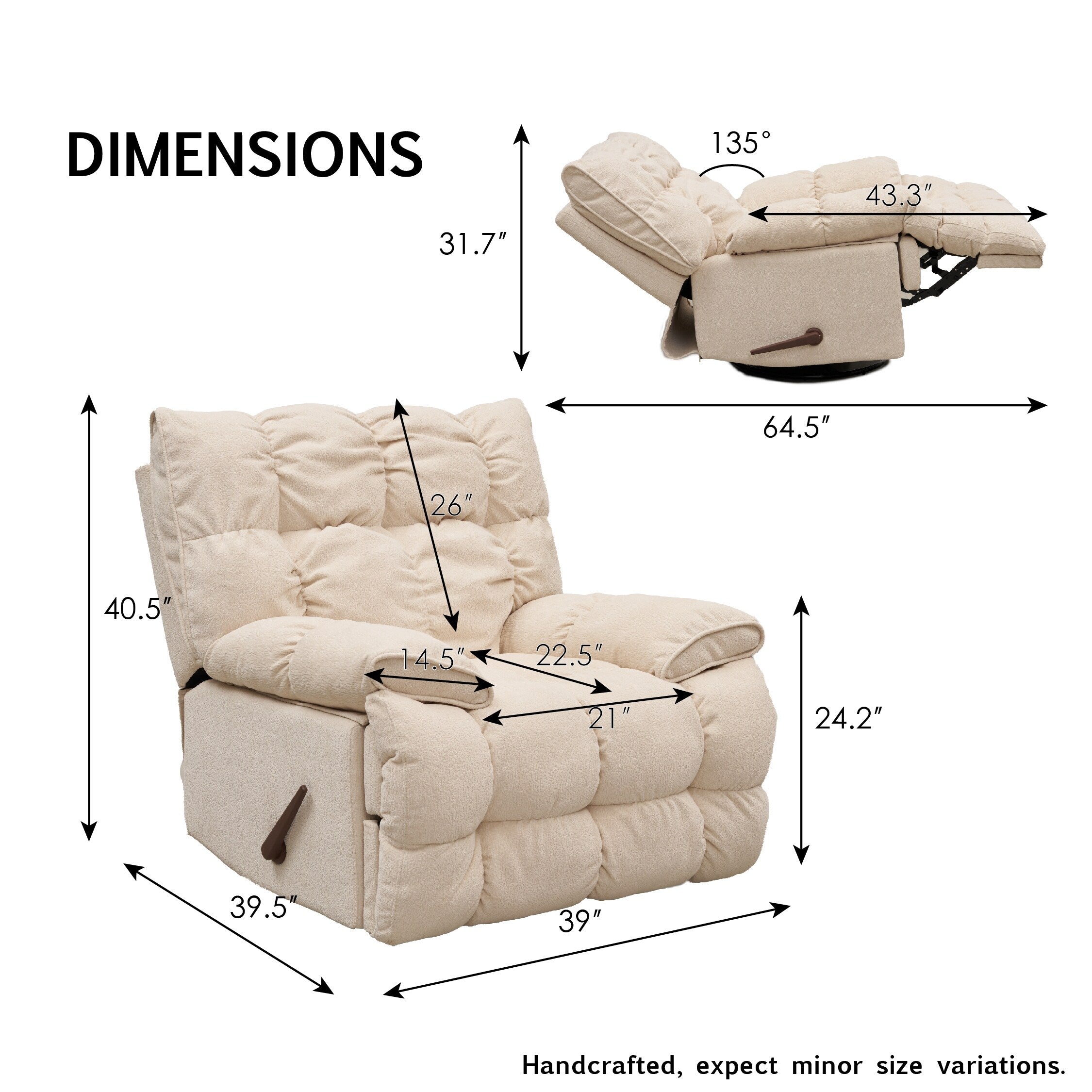 Fauteuil inclinable pivotant à 360° en tissu d'ameublement, fauteuil à bascule inclinable simple avec support lombaire pour salon