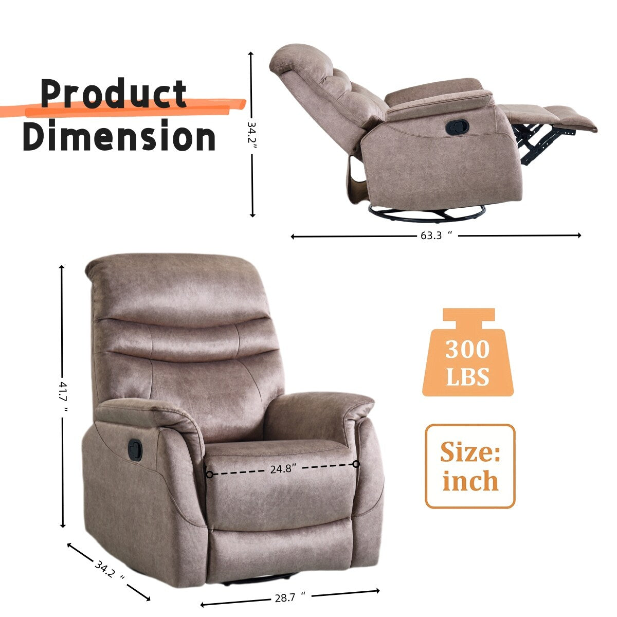 Fauteuil inclinable pivotant à 360°, fauteuil de salon moderne en velours, canapé simple réglable avec support lombaire