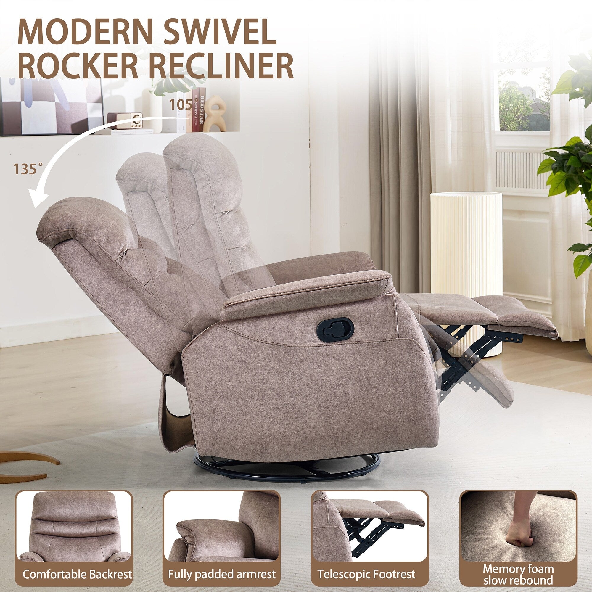Fauteuil inclinable pivotant à 360°, fauteuil de salon moderne en velours, canapé simple réglable avec support lombaire
