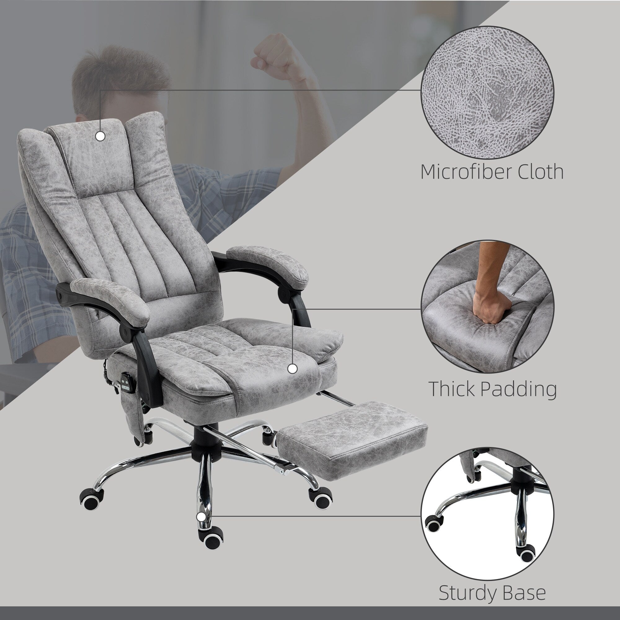 Fauteuil de bureau pivotant à 360° avec dossier haut et inclinable, avec chauffage lombaire, inclinaison réglable et repose-pieds extensible