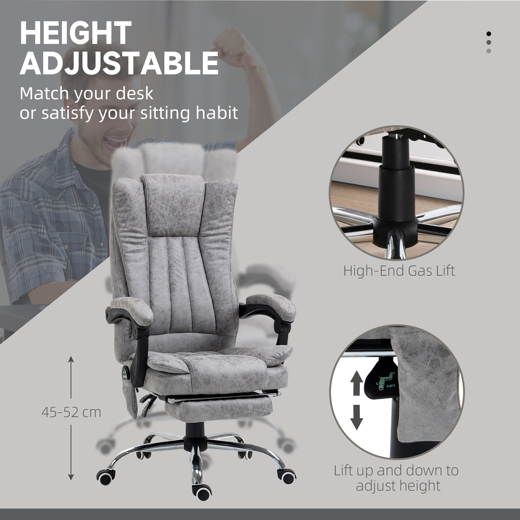 Fauteuil de bureau pivotant à 360° avec dossier haut et inclinable, avec chauffage lombaire, inclinaison réglable et repose-pieds extensible