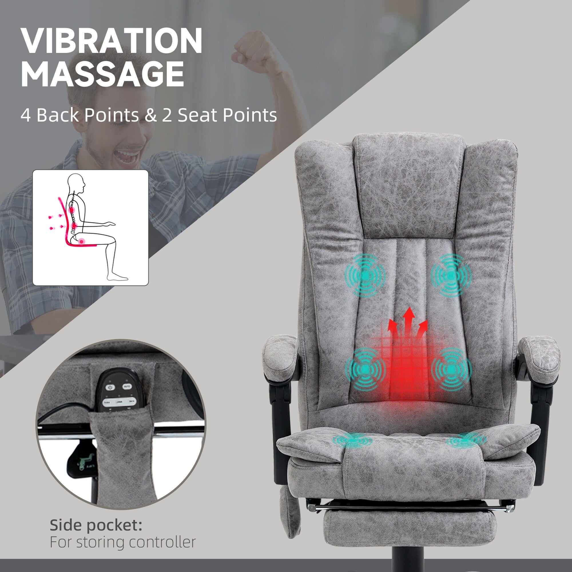 Fauteuil de bureau pivotant à 360° avec dossier haut et inclinable, avec chauffage lombaire, inclinaison réglable et repose-pieds extensible