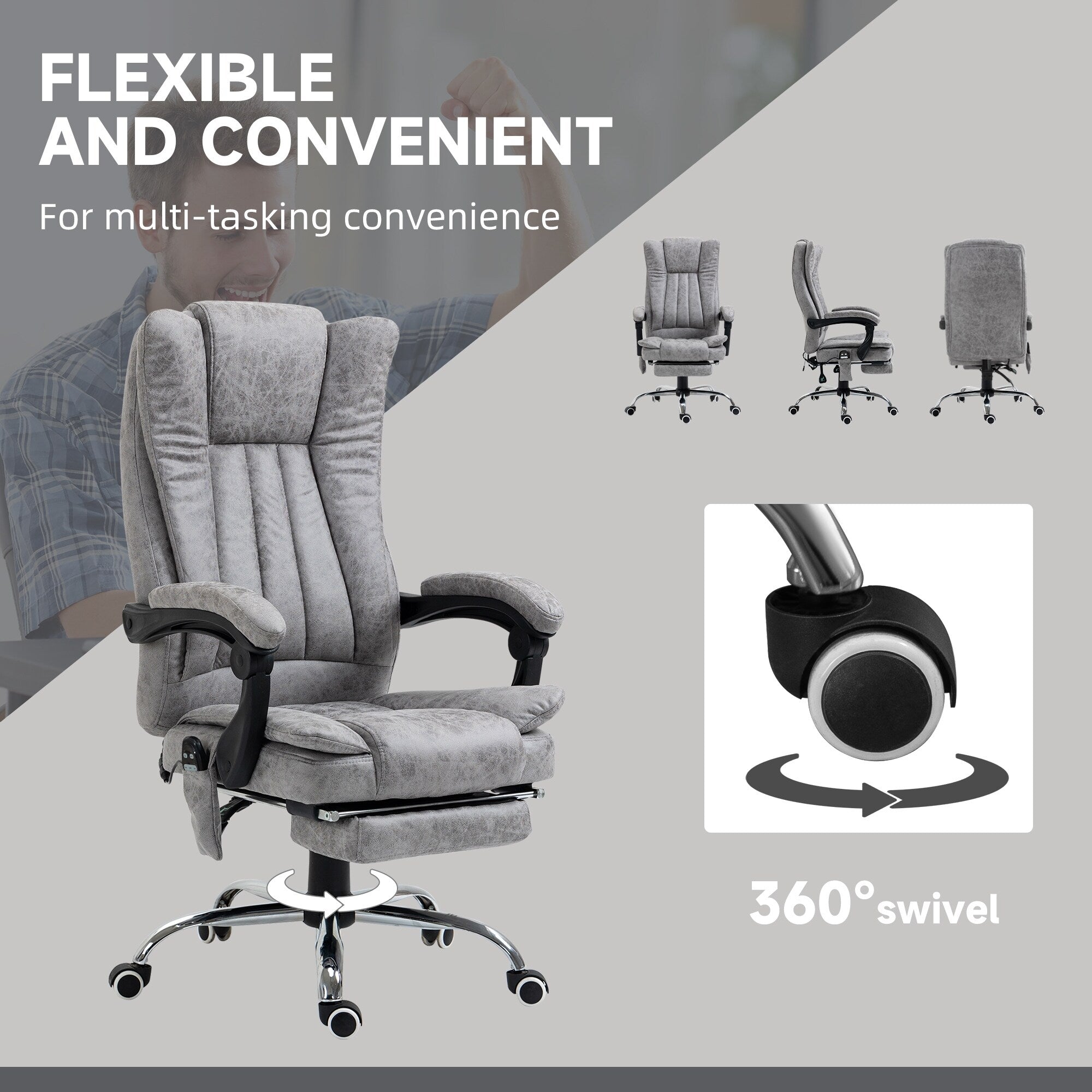 Fauteuil de bureau pivotant à 360° avec dossier haut et inclinable, avec chauffage lombaire, inclinaison réglable et repose-pieds extensible