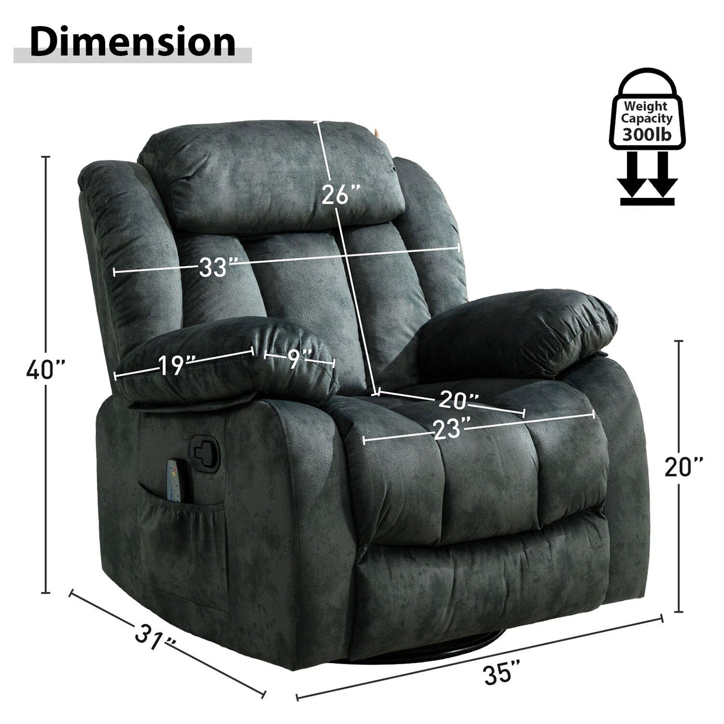 Fauteuil inclinable à bascule manuel pivotant à 360° avec massage et chaleur et vibrations