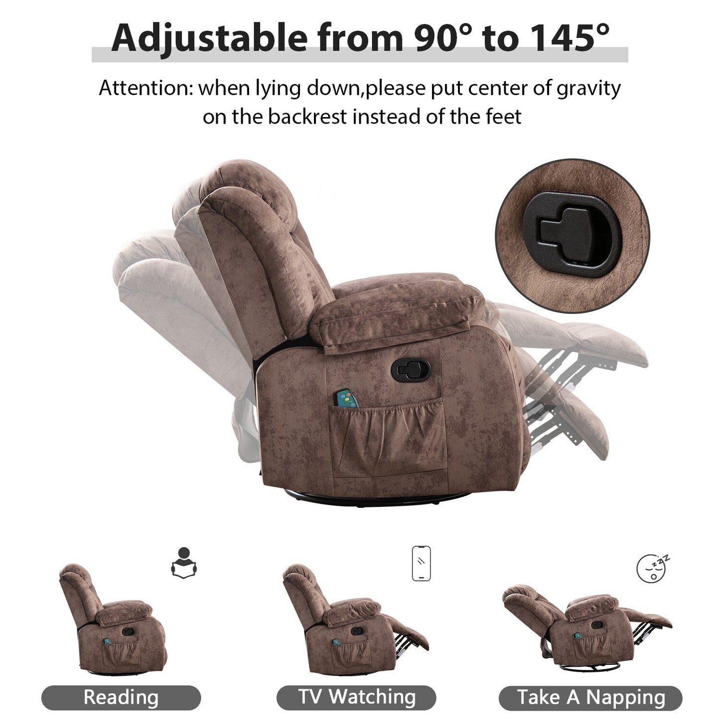 Fauteuil inclinable à bascule manuel pivotant à 360° avec massage et chaleur et vibrations