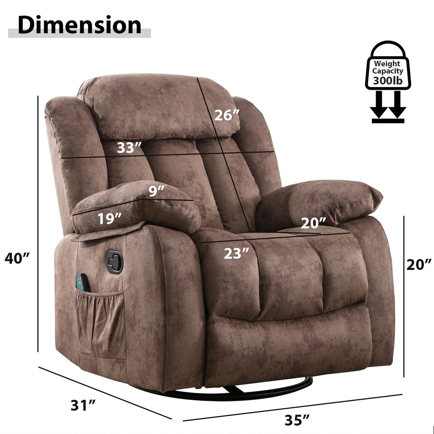 Fauteuil inclinable à bascule manuel pivotant à 360° avec massage et chaleur et vibrations
