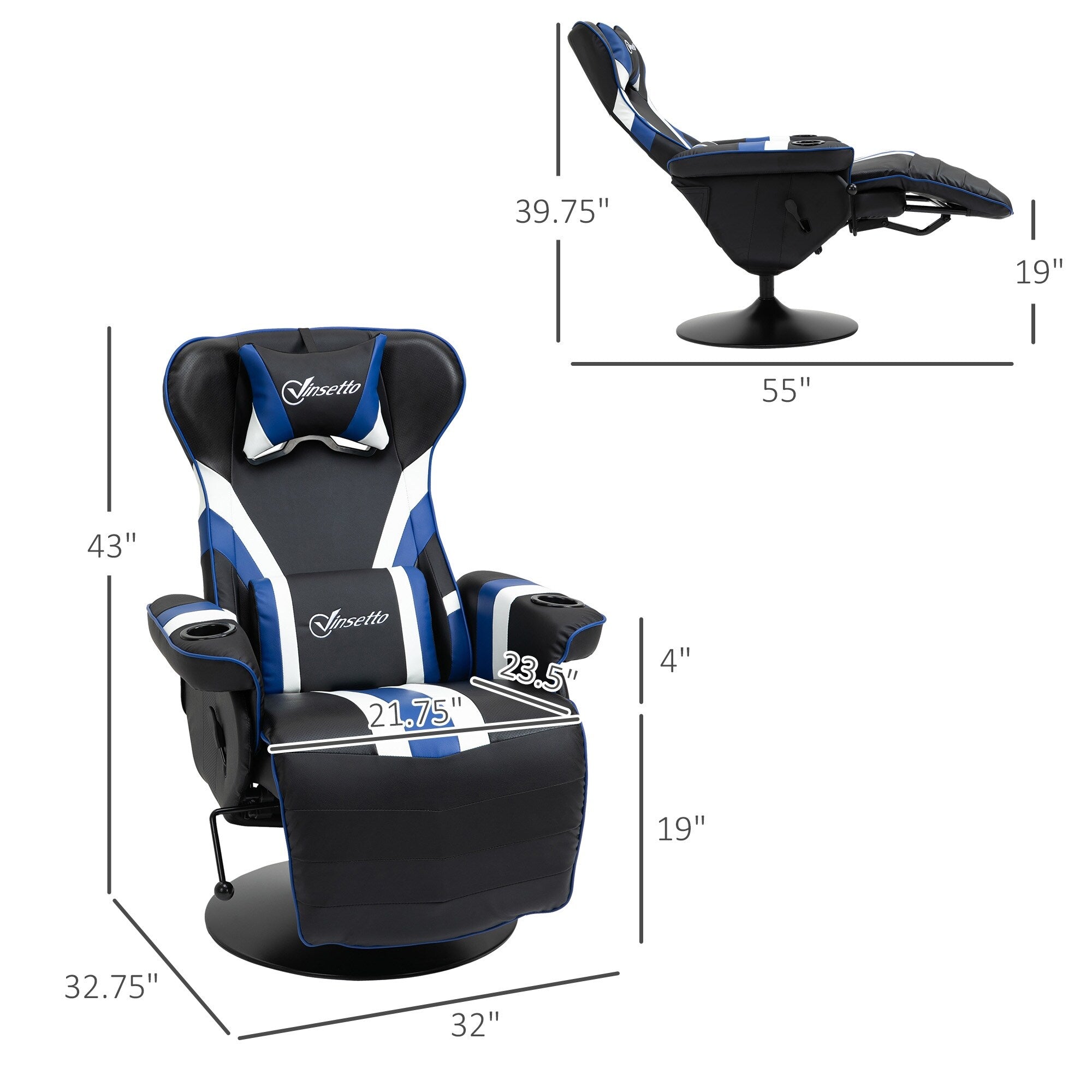 Chaise de jeu ergonomique pivotante à 360°, style course, inclinable, avec support lombaire, repose-pieds et porte-gobelet