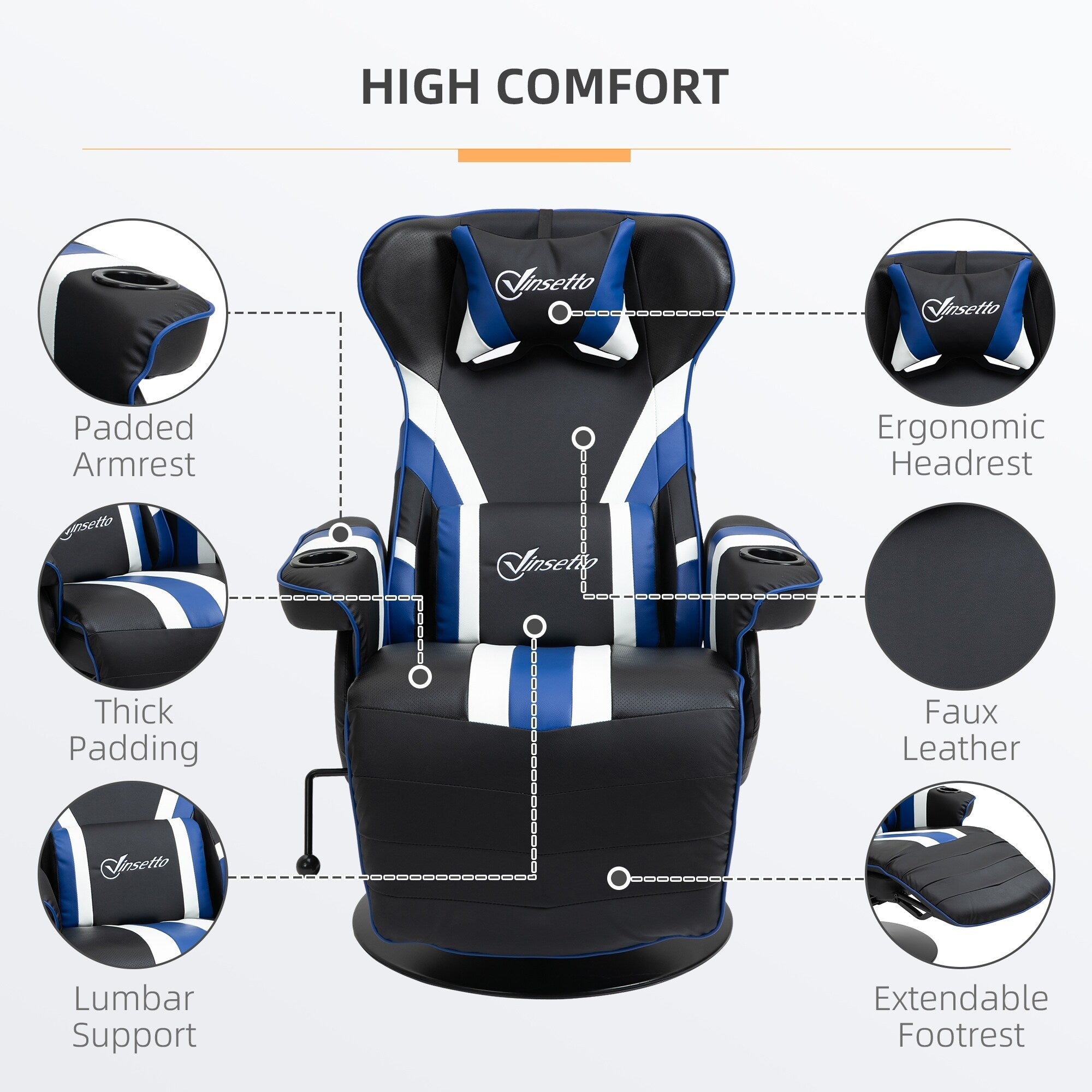 Chaise de jeu ergonomique pivotante à 360°, style course, inclinable, avec support lombaire, repose-pieds et porte-gobelet