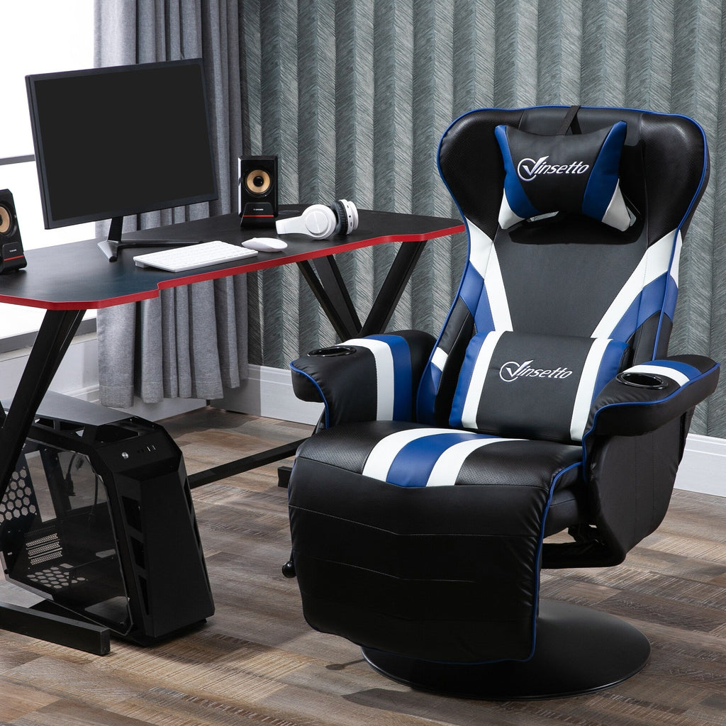 Chaise de jeu ergonomique pivotante à 360°, style course, inclinable, avec support lombaire, repose-pieds et porte-gobelet