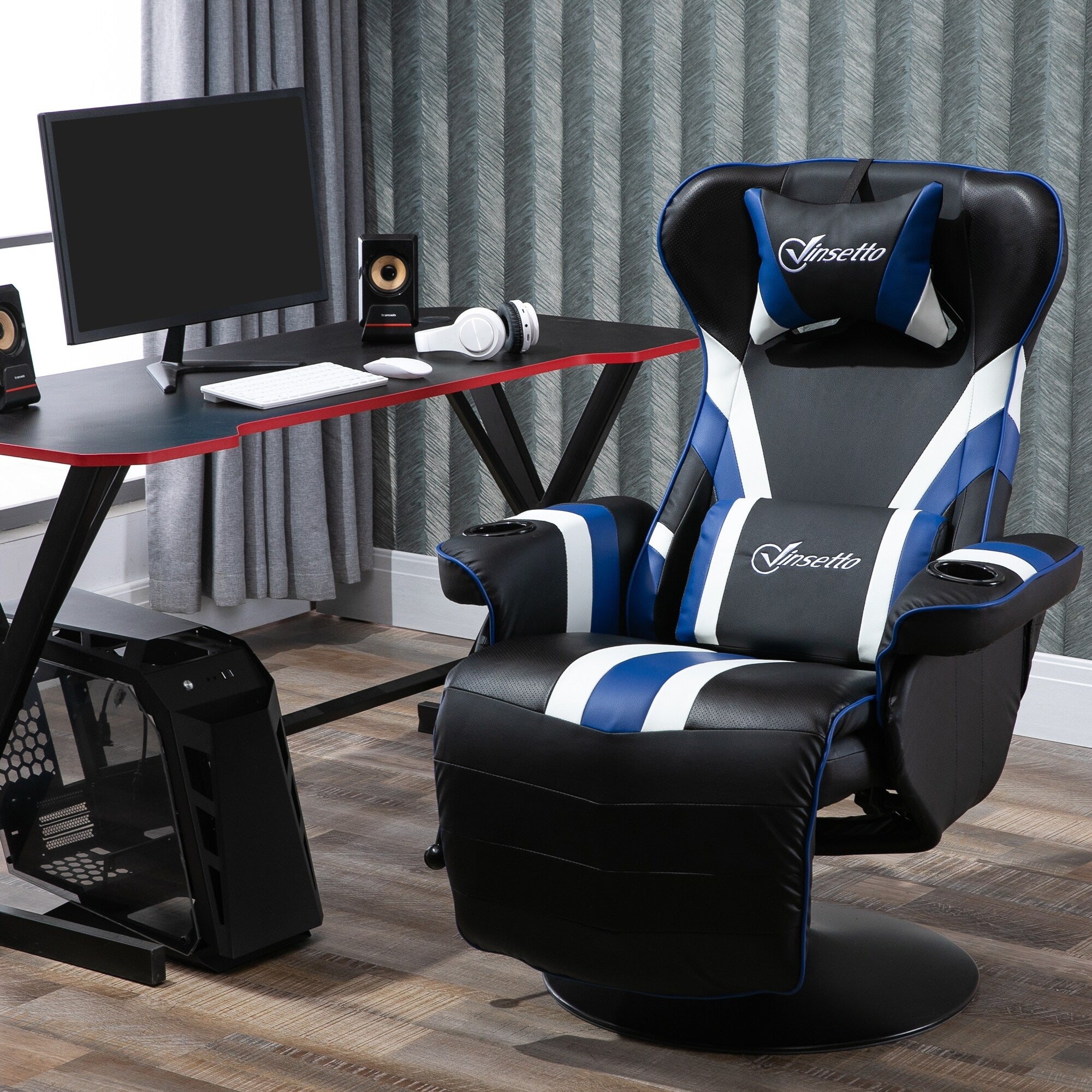 Chaise de jeu ergonomique pivotante à 360°, style course, inclinable, avec support lombaire, repose-pieds et porte-gobelet