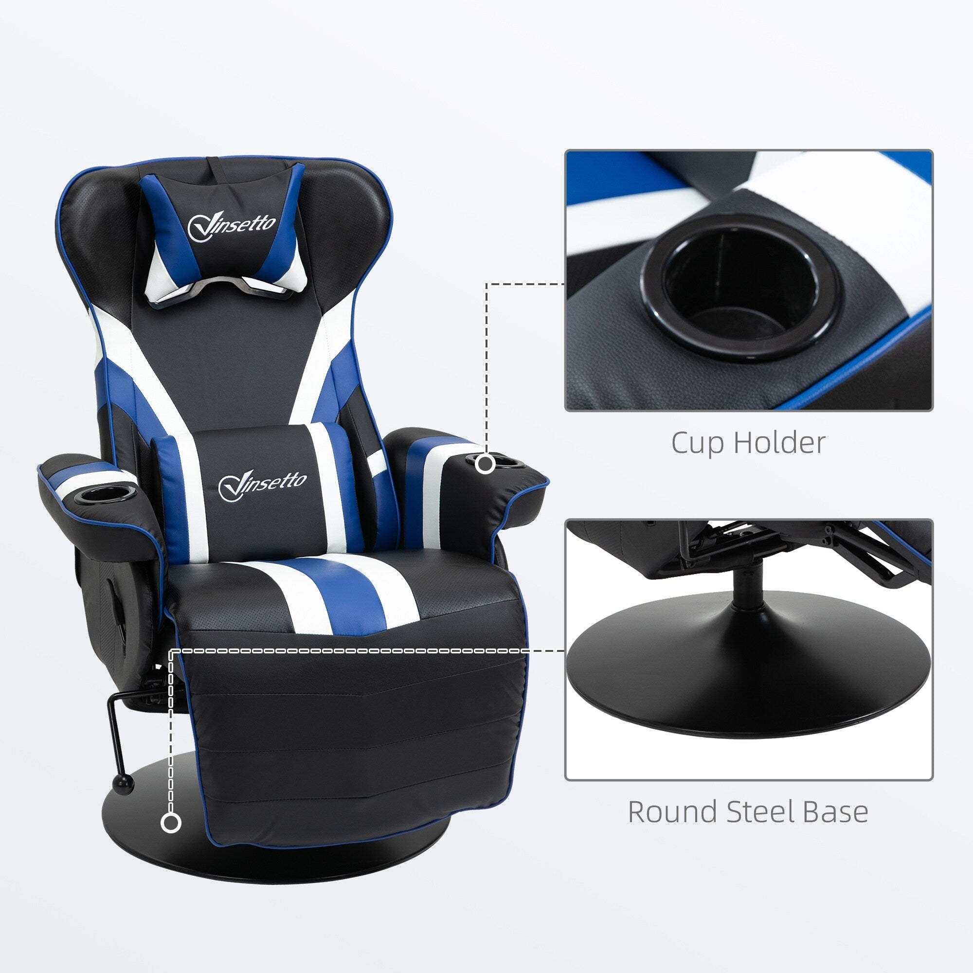 Chaise de jeu ergonomique pivotante à 360°, style course, inclinable, avec support lombaire, repose-pieds et porte-gobelet