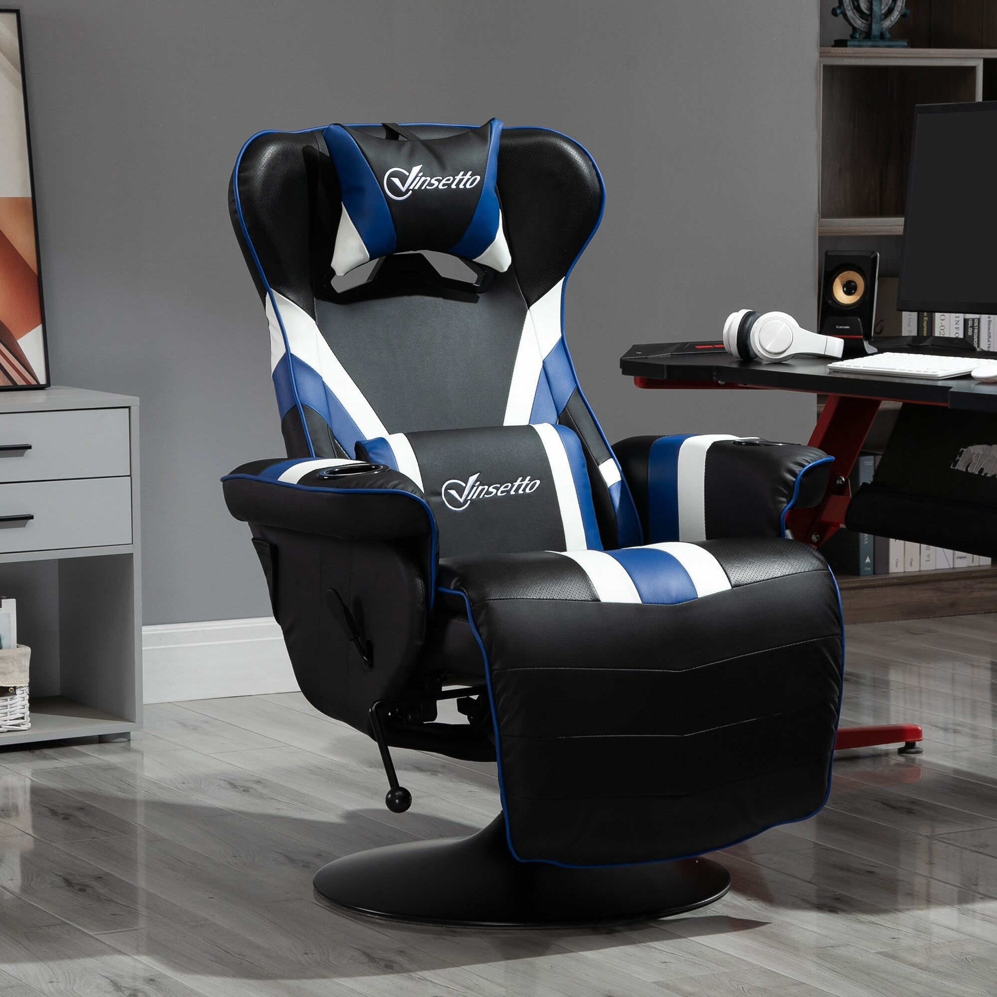 Chaise de jeu ergonomique pivotante à 360°, style course, inclinable, avec support lombaire, repose-pieds et porte-gobelet