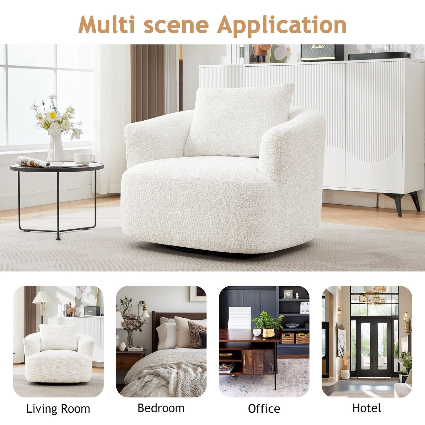 Fauteuil pivotant à 360°, fauteuil d'appoint Boucle 38,2 avec coussin décoratif, fauteuil tonneau rembourré avec accoudoirs incurvés