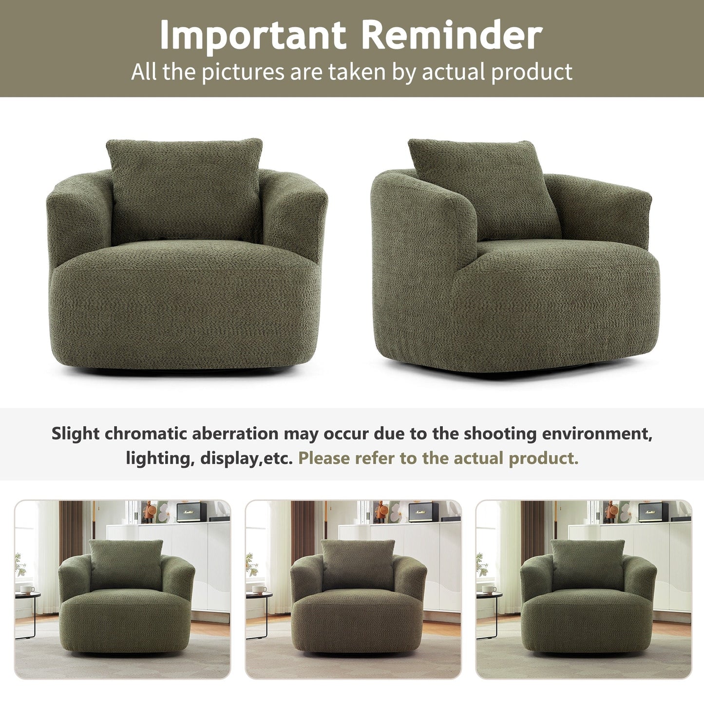 Fauteuil pivotant à 360°, fauteuil d'appoint Boucle 38,2 avec coussin décoratif, fauteuil tonneau rembourré avec accoudoirs incurvés
