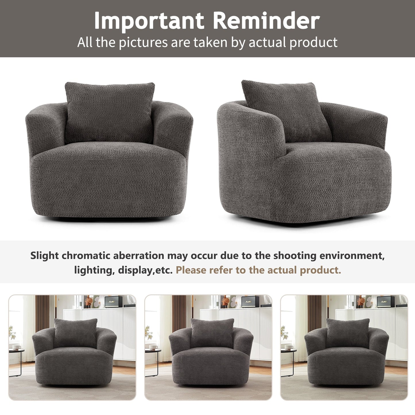 Fauteuil pivotant à 360°, fauteuil d'appoint Boucle 38,2 avec coussin décoratif, fauteuil tonneau rembourré avec accoudoirs incurvés
