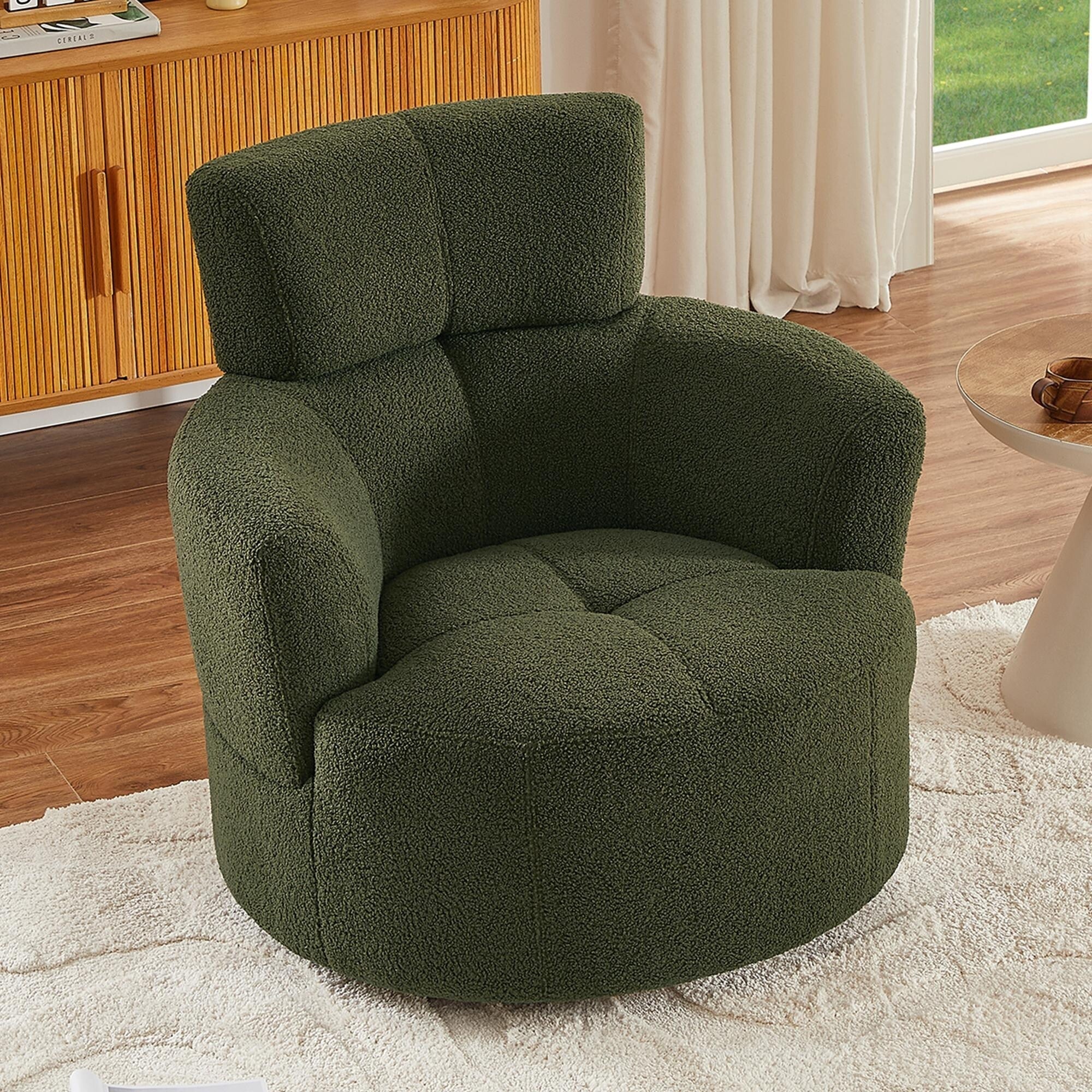 Fauteuil pivotant à 360°, fauteuil tonneau rembourré avec appui-tête réglable, fauteuil rond pivotant moderne pour salon